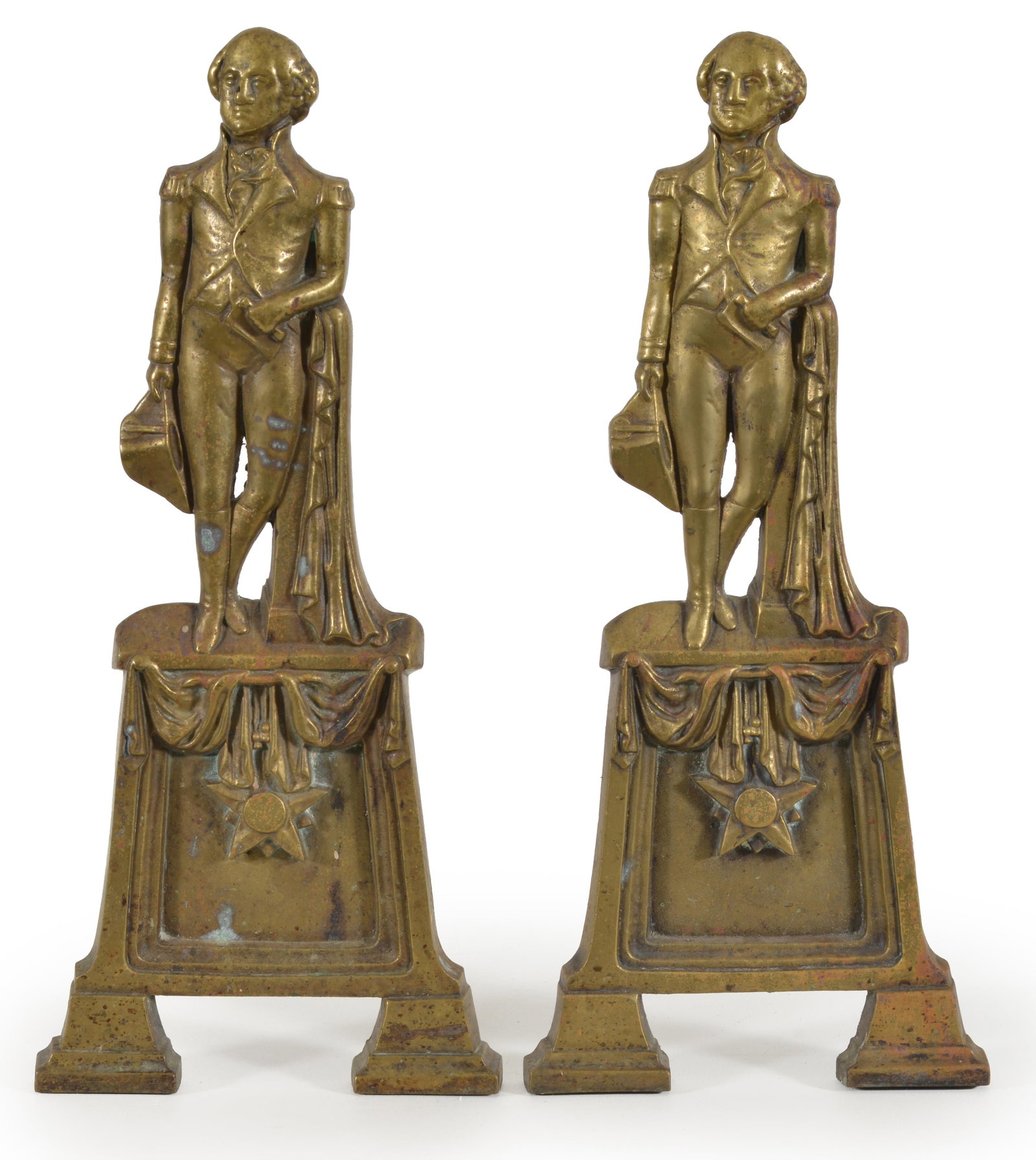 Pair President Washington cast brass andirons, 19th Century. Height 21 in, depth 19 in. Provenance:: Pair President Washington cast brass andirons, 19th Century. Height 21 in, depth 19 in. Provenance: From the Rex Stark collection of Gardner, Massachusetts.