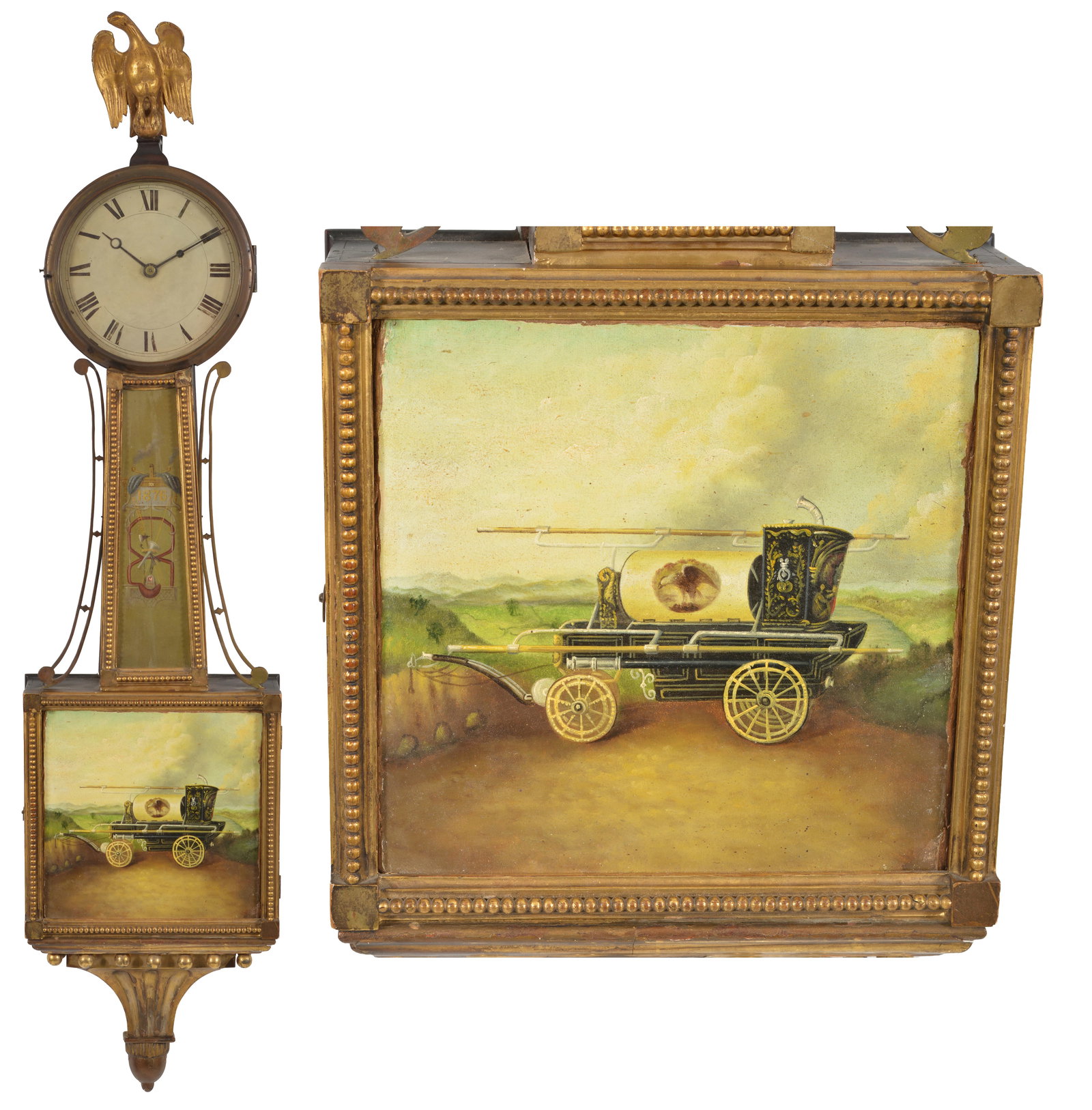 Rare Firefighting decorated Concord type presentation banjo clock with finely painted frames, 19th: Rare Firefighting decorated Concord type presentation banjo clock with finely painted frames, 19th Century. Panels redecorated Mid-19th Century, oil painted on artist board. The throat with fire fight