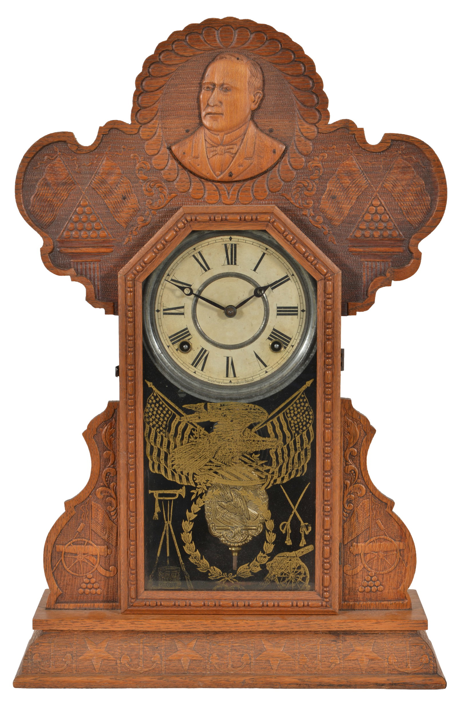 William McKinley Victorian oak portrait gingerbread mantle clock, Ingraham Company, Bristol (1 of 5)
