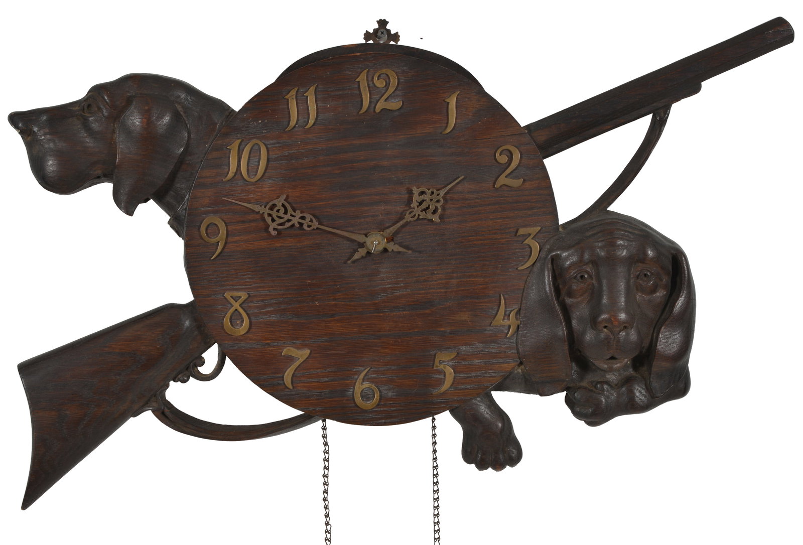 Waterbury Clock Company carved oak wall clock with hunting motif. Circular dial with brass numerals (1 of 6)