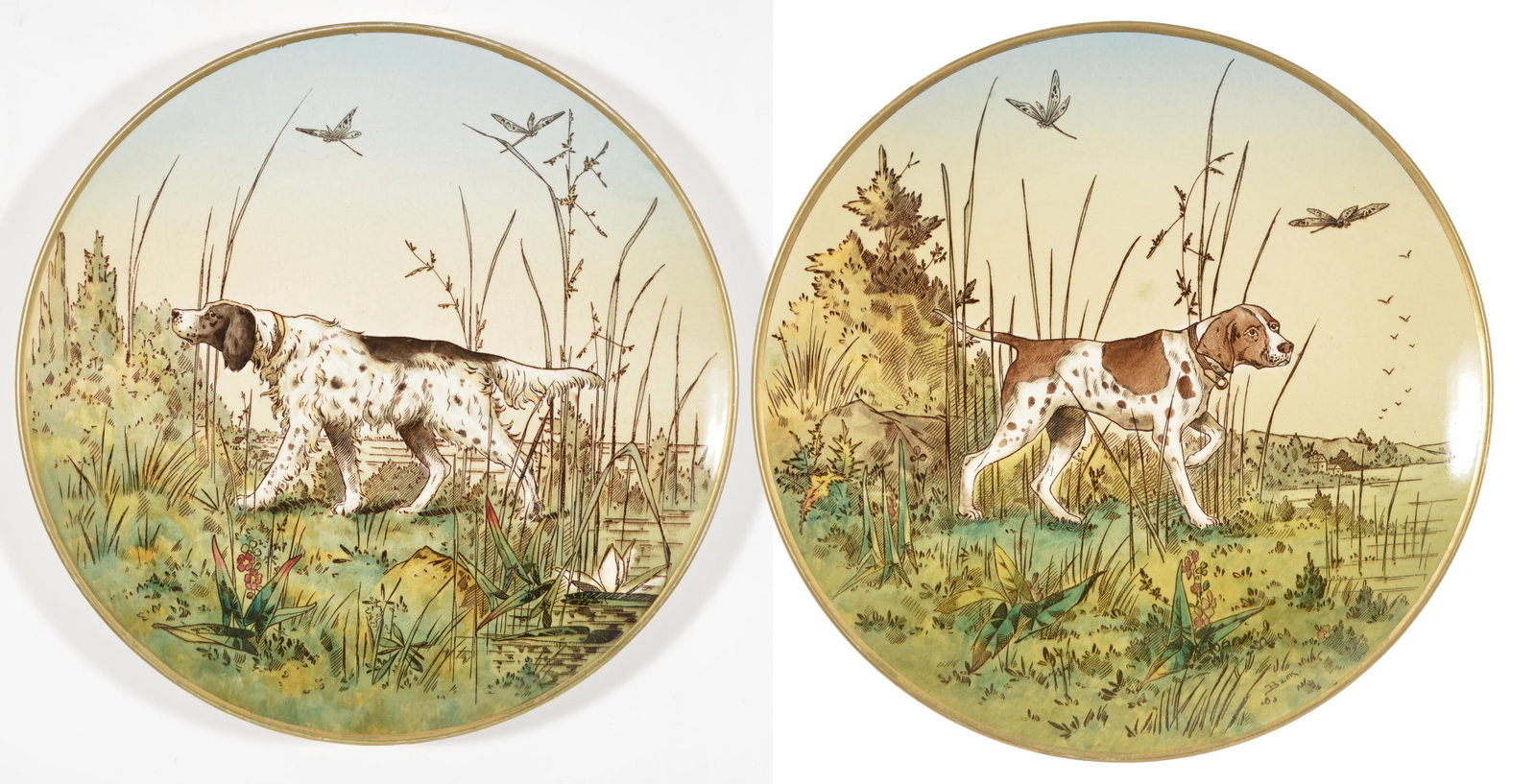 Pair Mettlach hunting dog chargers, blue underglaze Villeroy and Boch mark and each signed Dec 126: Pair Mettlach hunting dog chargers, blue underglaze Villeroy and Boch mark and each signed Dec 126 and Dec 127. Diameter 17 1/4in. Provenance: From the Rex Stark collection of Gardner, Massachusetts.