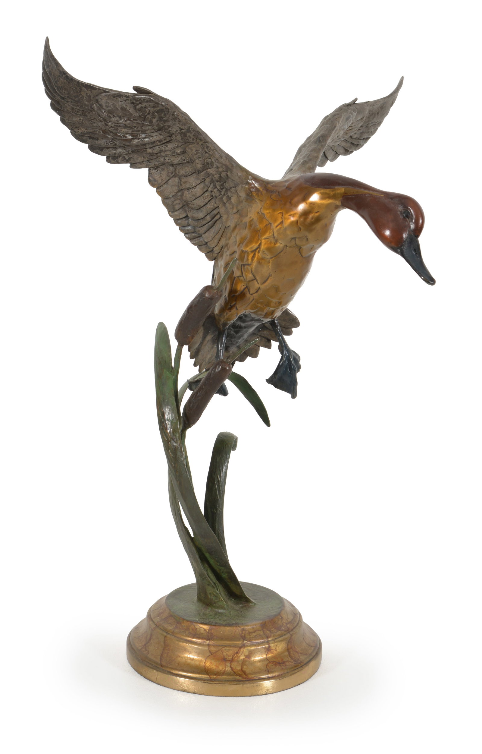 Christopher Smith. American 20th Century. Patinated bronze sculpture of a duck landing. Height 15: Christopher Smith. American 20th Century. Patinated bronze sculpture of a duck landing. Height 15 in, width 9 1/2.