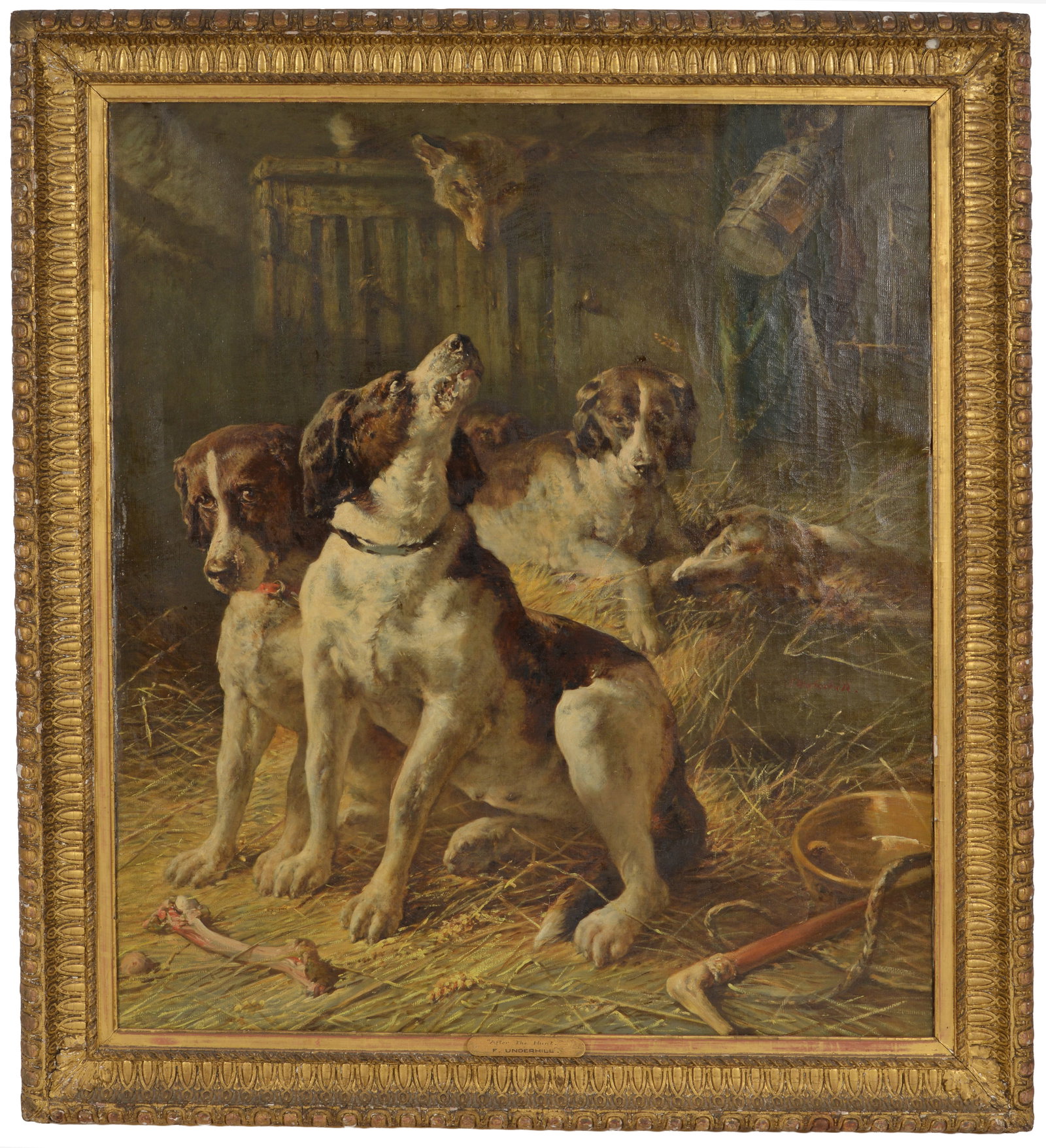 Frederick Charles Underhill. England. "After the Hunt". Large interior barn scene with hunting dogs,: Frederick Charles Underhill. England. "After the Hunt". Large interior barn scene with hunting dogs, a fresh bone, and various hunting and dog accessories. Oil on canvas. Signed middle right in red. F
