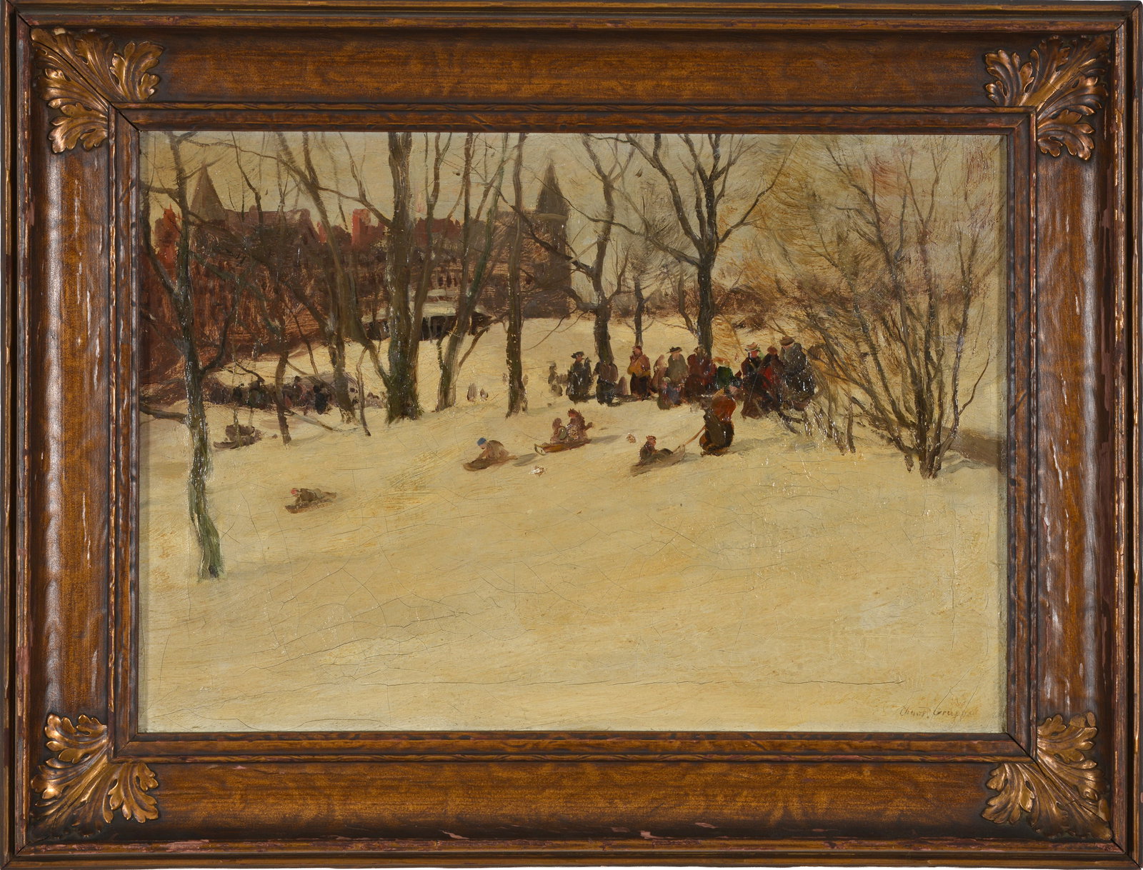 Charles P. Gruppe. Sledding in Boston Common. Winter scene with numerous figures and children: Charles P. Gruppe. Sledding in Boston Common. Winter scene with numerous figures and children sledding and city block in background. Oil on canvas. Signed lower right. Framed. Several small old punctu
