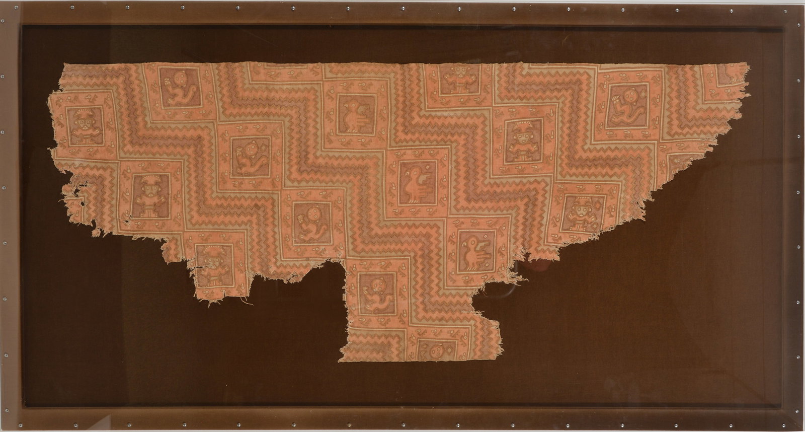 Pre-Columbian Nazca textile fragment. Geometric and figural decoration. Framed under plexiglass. (1 of 4)