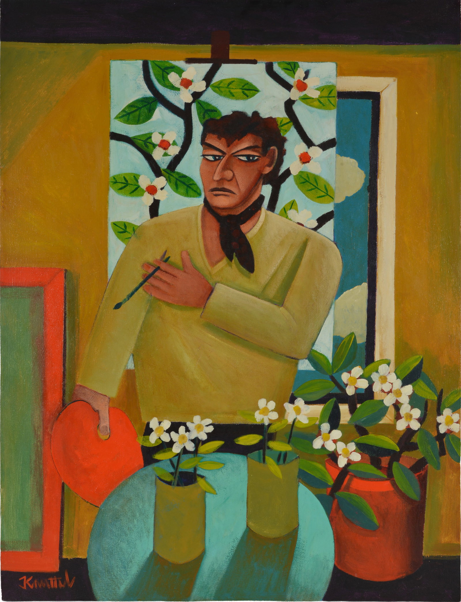 Graham Knuttel. Ireland. Large artist's self portrait with palette and floral surroundings. Oil on: Graham Knuttel. Ireland. Large artist's self portrait with palette and floral surroundings. Oil on canvas. Signed lower left. New Appollo Gallery, Dublin label on reverse. 48 x 36in.