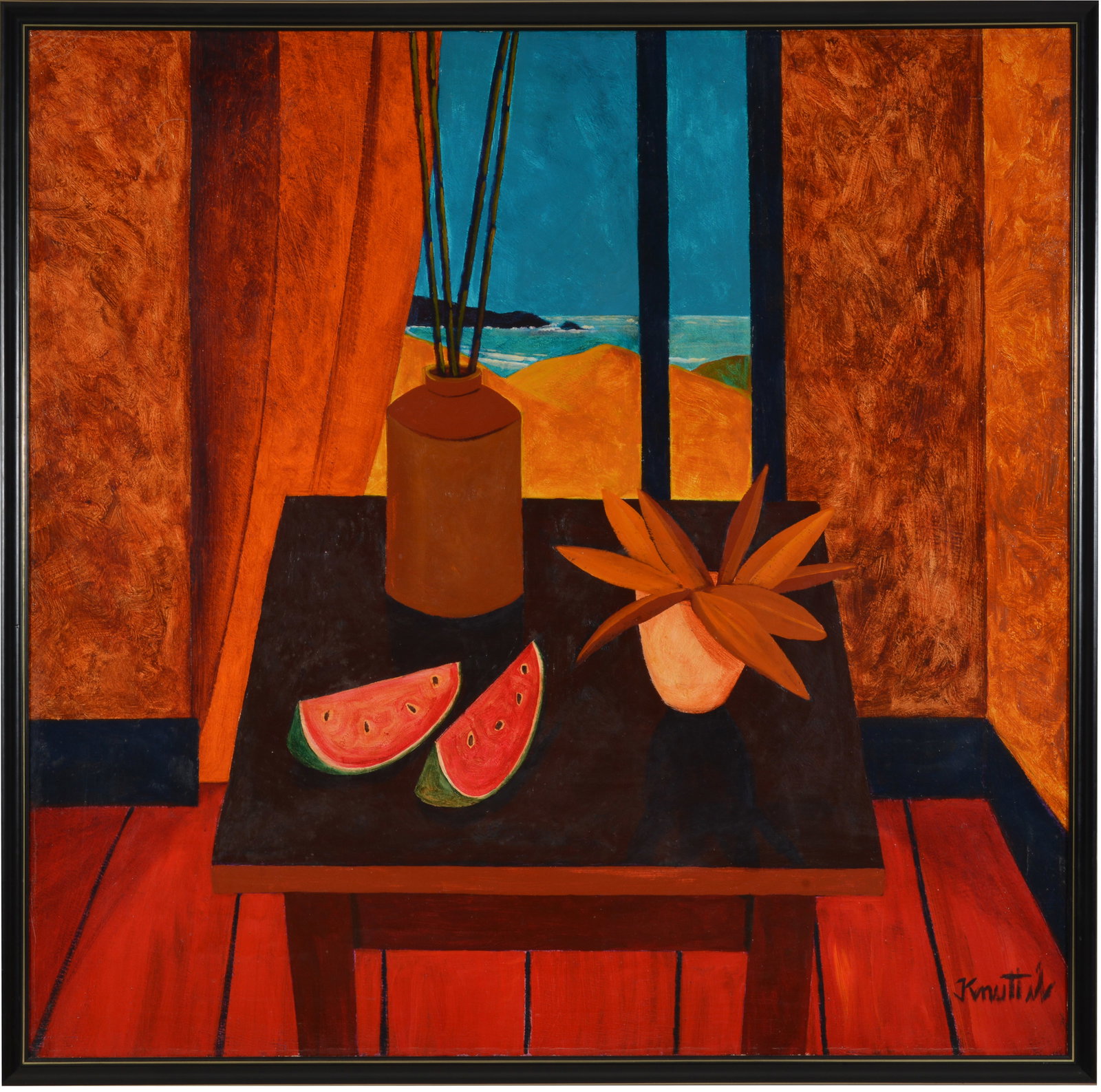 Graham Knuttel. Ireland. Tabletop still life with vase, plant, and watermelon slices in front of a: Graham Knuttel. Ireland. Tabletop still life with vase, plant, and watermelon slices in front of a window overlooking the ocean. Oil on canvas. Signed lower right. Framed. Sight: 41 x 41in. Overall: 4