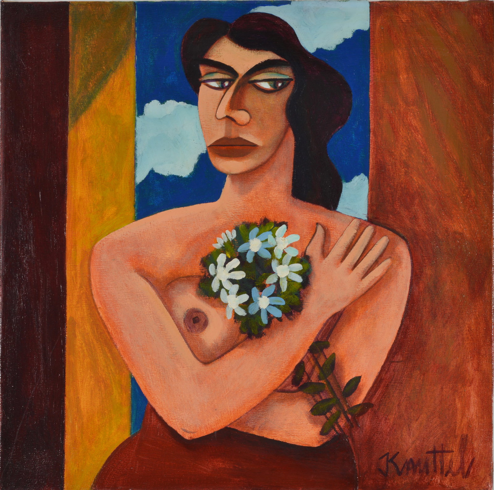 Graham Knuttel (1954-2023). Ireland. Portrait of a nude woman clutching a bouquet of flowers. Oil on: Graham Knuttel (1954-2023). Ireland. Portrait of a nude woman clutching a bouquet of flowers. Oil on canvas. Signed lower right. Unframed. New Apollo Gallery, Dublin Ireland, label on reverse. Slight 