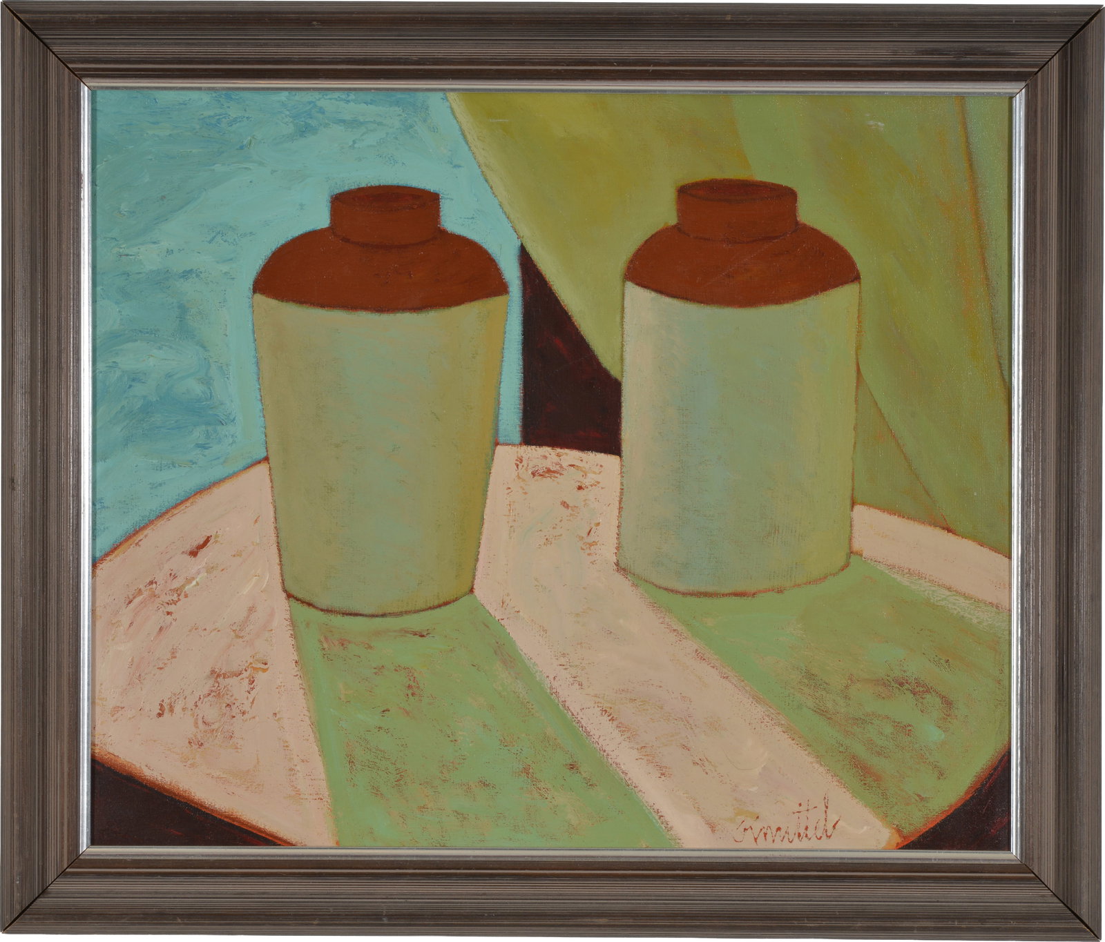Graham Knuttel (1954-2023). Ireland. Tabletop still life of two vases. Oil on canvas. Signed lower: Graham Knuttel (1954-2023). Ireland. Tabletop still life of two vases. Oil on canvas. Signed lower right. Framed. Sight: 20 x 24.5in. Overall: 24 x 28in.
