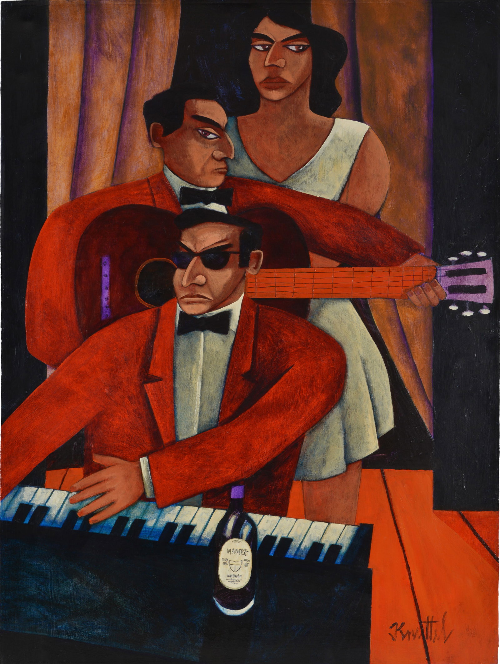 Graham Knuttel. Ireland. Large club interior scene with musicians and singer on the stage. Oil on: Graham Knuttel. Ireland. Large club interior scene with musicians and singer on the stage. Oil on canvas. Signed lower right. New Appollo Gallery, Dublin label on reverse. 48 x 36in.
