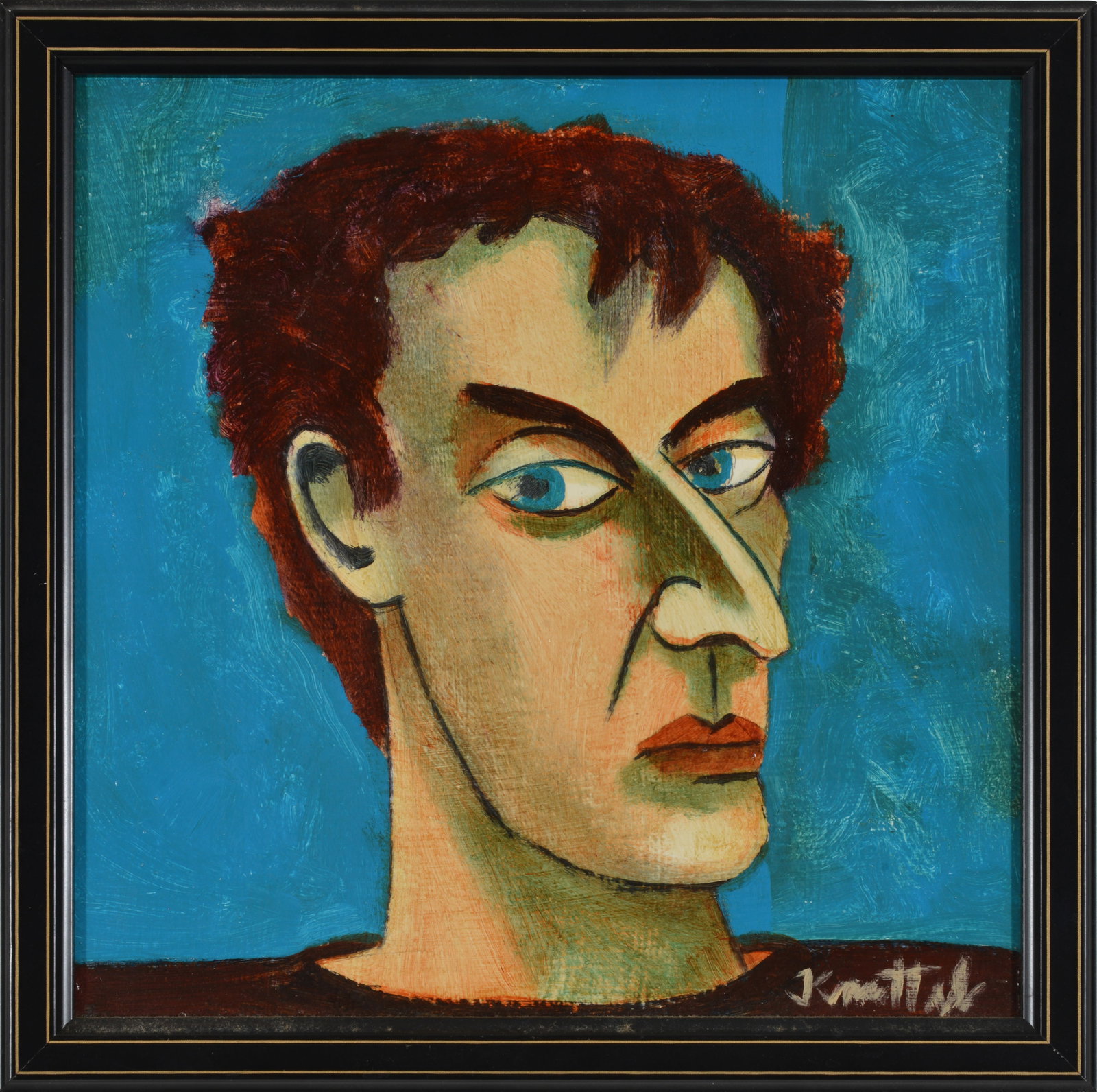 Graham Knuttel (1954-2023). Ireland. Self-portrait. Oil on canvas. Signed lower right. Framed.: Graham Knuttel (1954-2023). Ireland. Self-portrait. Oil on canvas. Signed lower right. Framed. Sight: 10 x 10in. Overall: 11.25 x 11.25in.