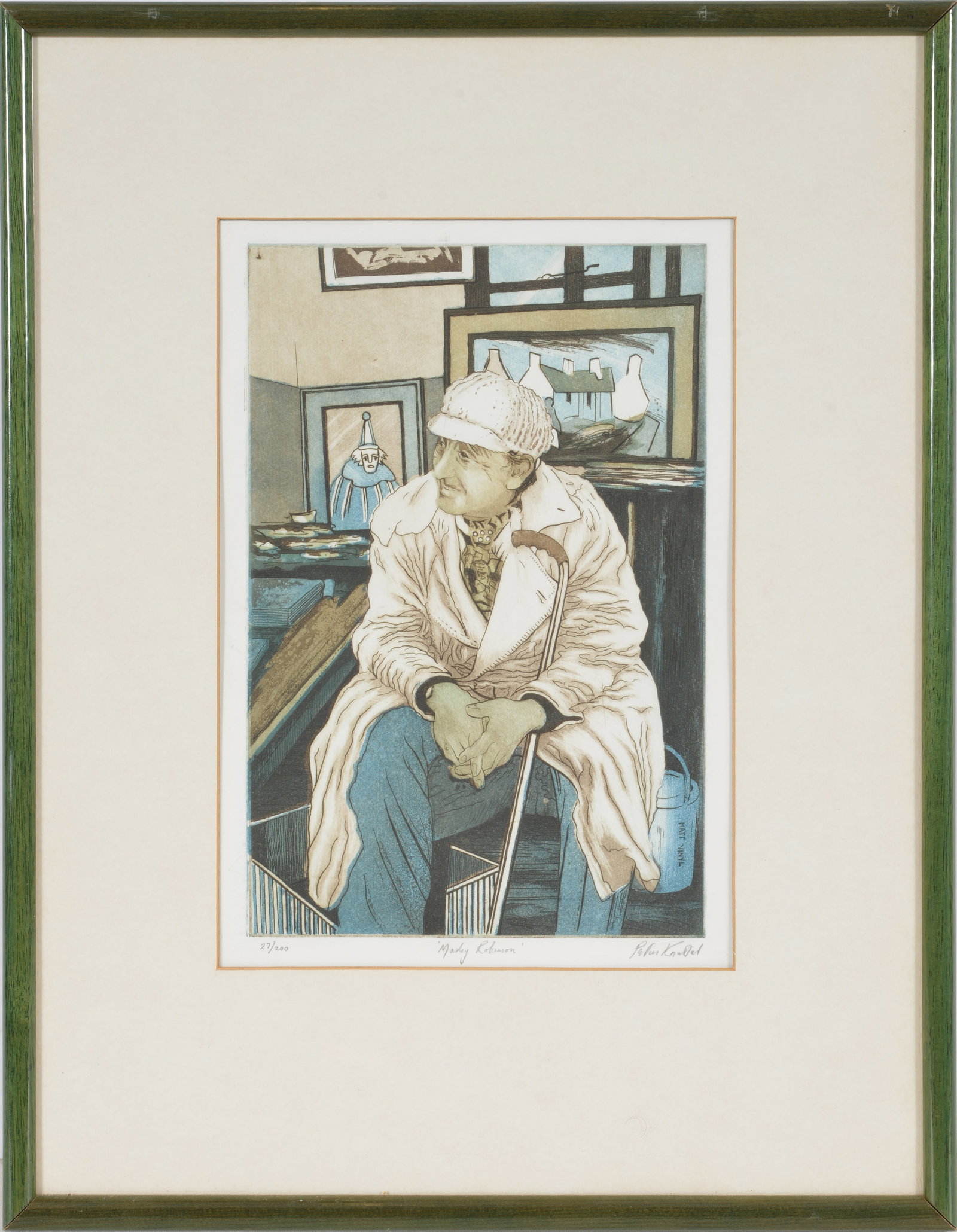 Graham Knuttel. Ireland. "Markey Robinson". Aquatint portrait of fellow Irish artist Markey: Graham Knuttel. Ireland. "Markey Robinson". Aquatint portrait of fellow Irish artist Markey Robinson, depicted in his studio. Signed, titled, and numbered 27/200 lower margin. Framed under glass. Over