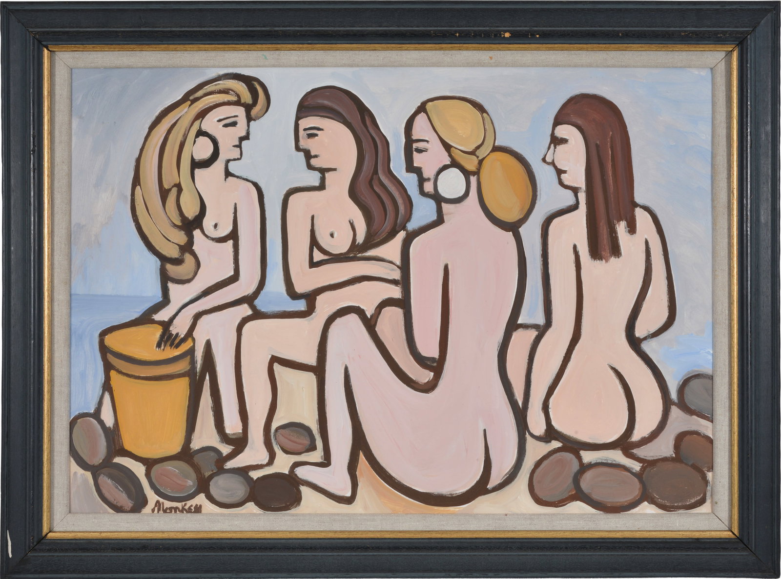 Markey Robinson. Ireland. Nude women on the beach with yellow pail. Gouache painting. Signed lower: Markey Robinson. Ireland. Nude women on the beach with yellow pail. Gouache painting. Signed lower left. Framed under glass. Various New Appollo Gallery, Dublin gallery labels and stamps on reverse. S
