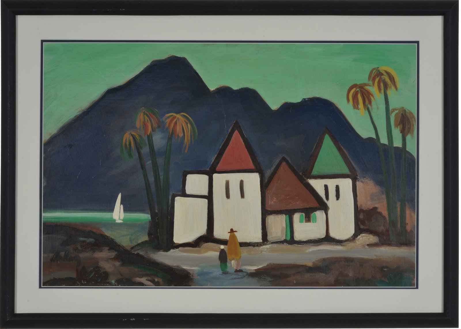 Markey Robinson. Ireland. Coastal landscape with figures standing before buildings, palm trees, and (1 of 7)