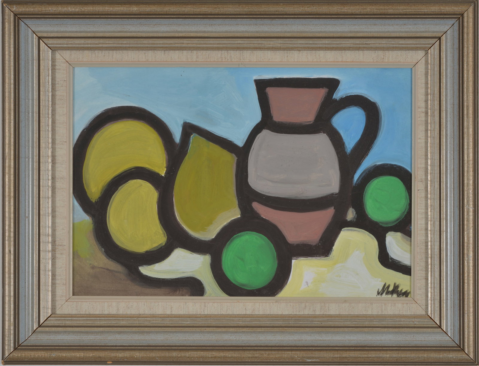 Markey Robinson. Ireland. Tabletop still life with fruit and ceramic jug. Gouache on board. Signed (1 of 7)