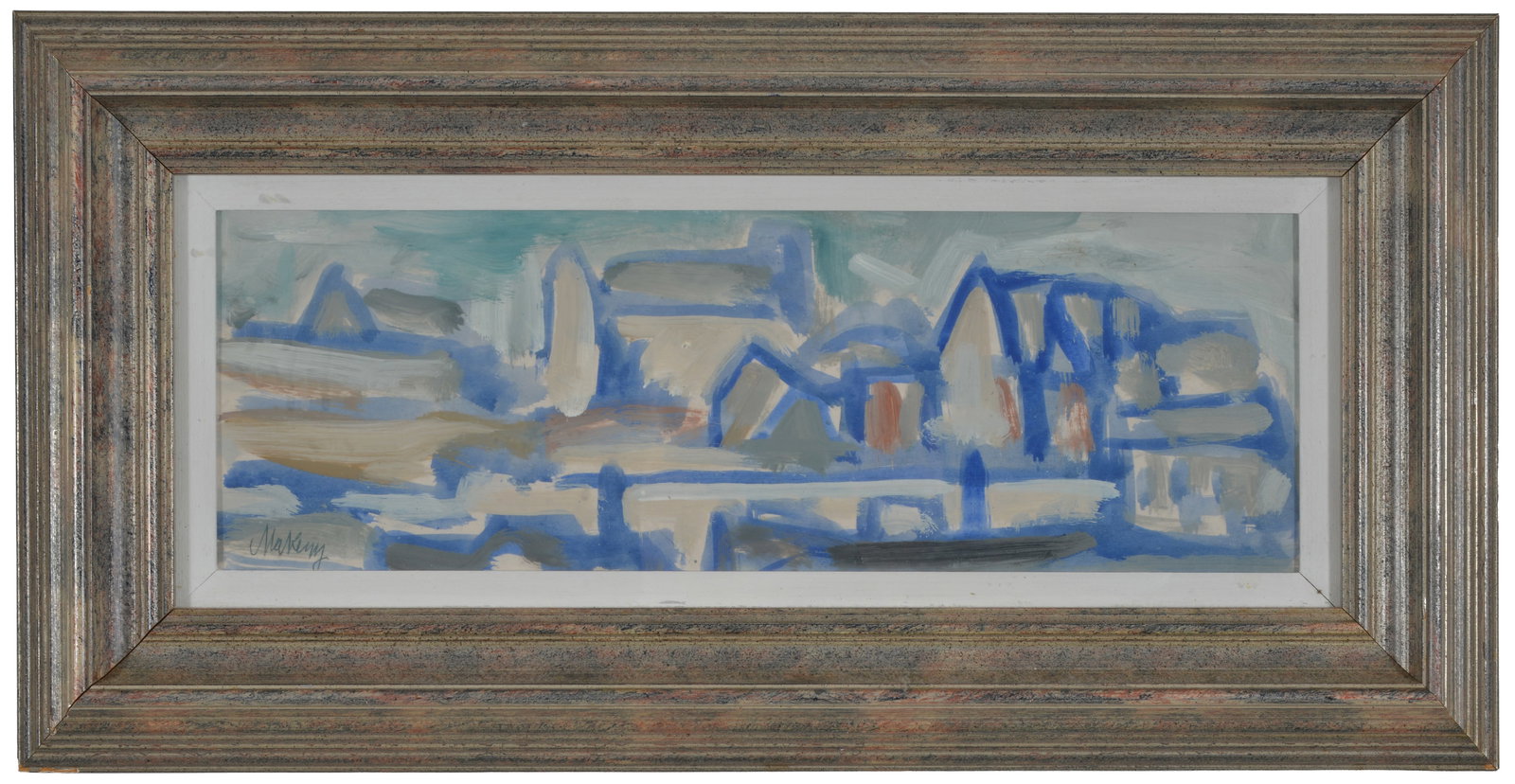 Markey Robinson. Ireland. Town landscape. Mixed media on board. Signed lower left. Framed under: Markey Robinson. Ireland. Town landscape. Mixed media on board. Signed lower left. Framed under glass. Sight: 5 x 15.25in. Overall: 10.5 x 21in.