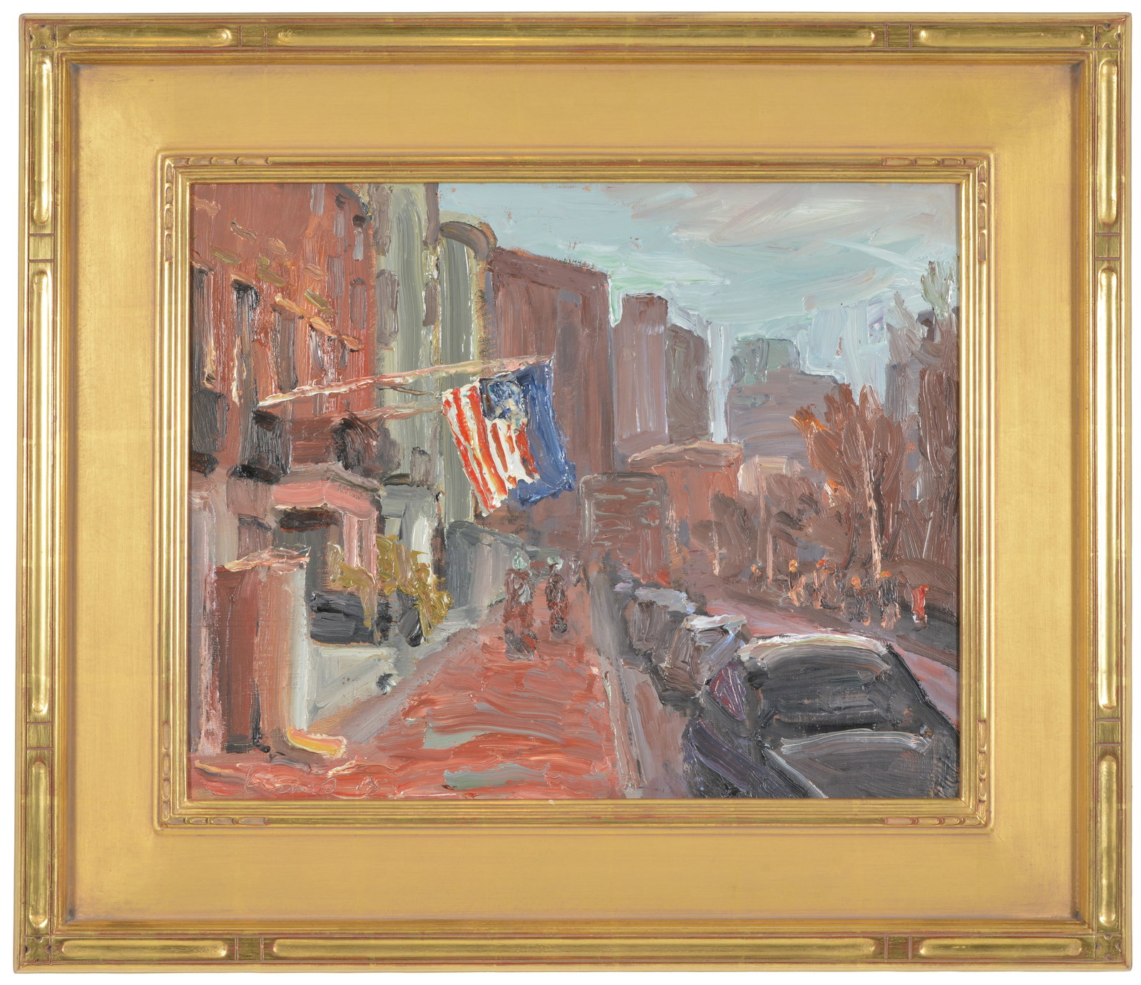 David Kasman. "Beacon Street - Boston". Street scene near the State House and Boston Common with: David Kasman. "Beacon Street - Boston". Street scene near the State House and Boston Common with figures, parked cars, and American flag. Oil on board. Inscribed signature lower left. Signed and title