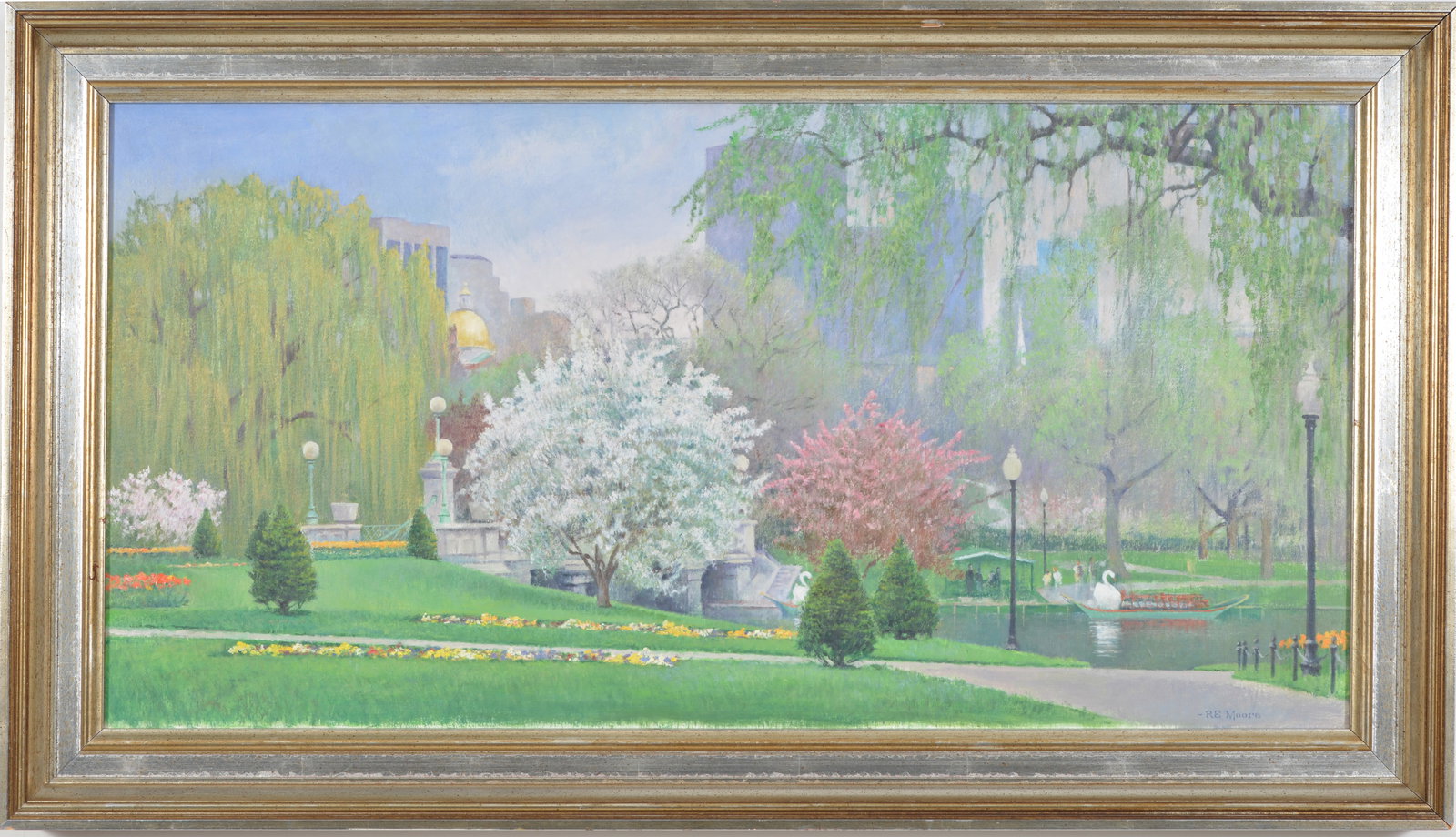 Robert Moore. Massachusetts. "Spring Time Boston Garden". Bright landscape of downtown Boston's: Robert Moore. Massachusetts. "Spring Time Boston Garden". Bright landscape of downtown Boston's Public Garden with blossoming trees, iconic swan boats, and city skyline. Oil on canvas. Signed lower ri