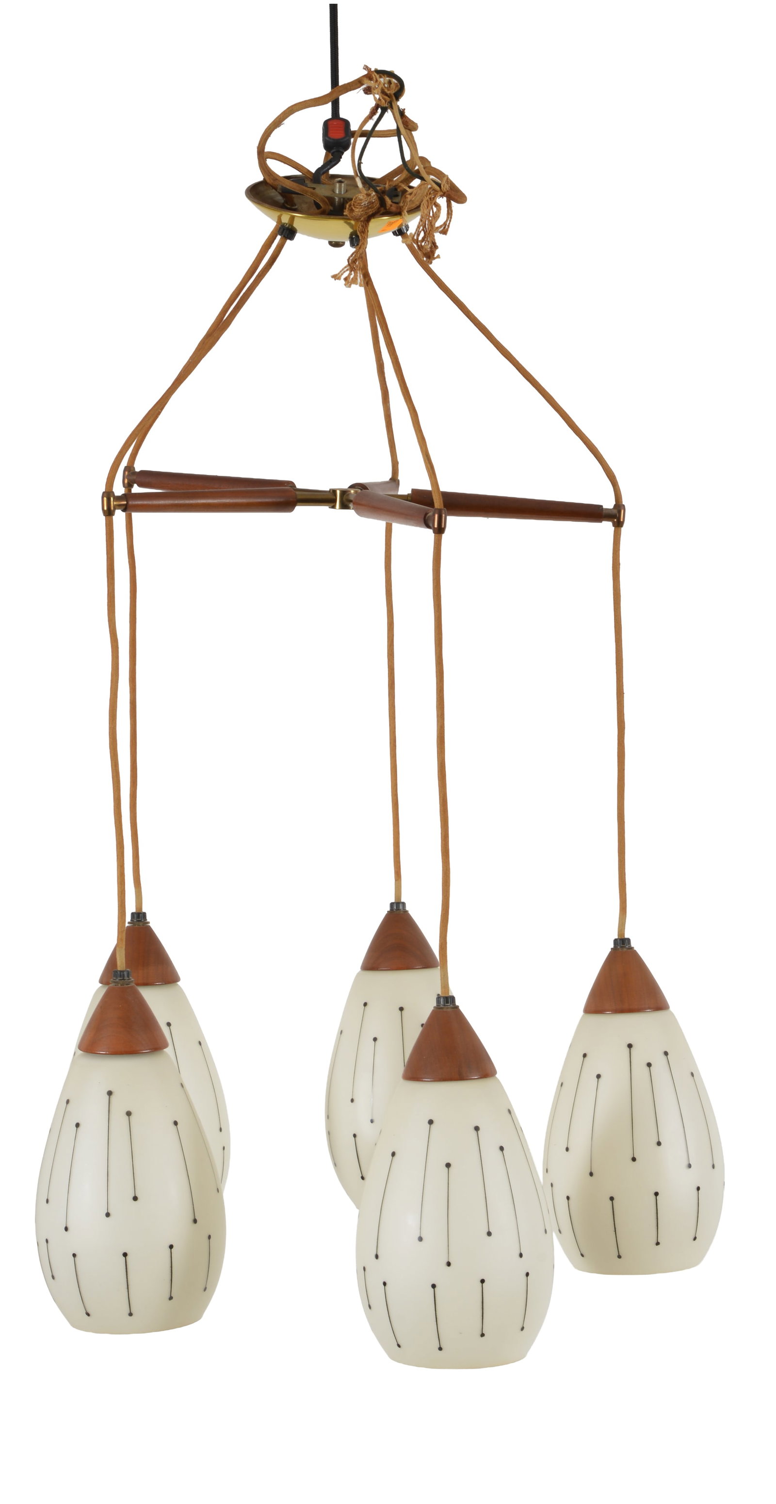 Mid Century Modern five light pendant chandelier with etched white glass shades and walnut framed: Mid Century Modern five light pendant chandelier with etched white glass shades and walnut framed and fixture caps.