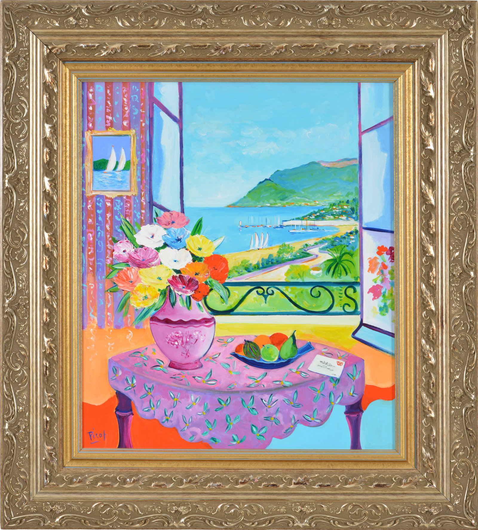 Jean Claude Picot. "La Vase de Sicile". Post-impressionist landscape by a window with harbor view.: Jean Claude Picot. "La Vase de Sicile". Post-impressionist landscape by a window with harbor view. Acrylic on canvas. Signed lower left. Gallery label on reverse. Titled on reverse. Framed. Sight: 21.