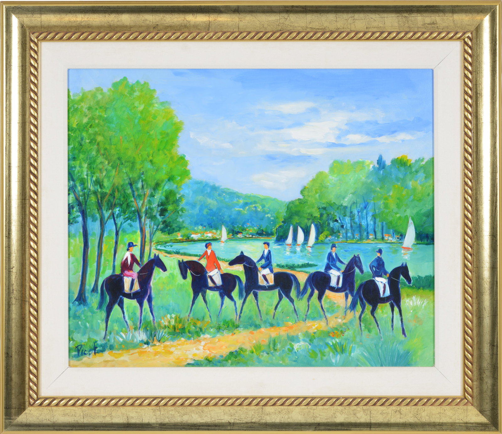 Jean Claude Picot. "Rendezvous des Cavaliers". Post impressionist landscape with horse riders by a: Jean Claude Picot. "Rendezvous des Cavaliers". Post impressionist landscape with horse riders by a park. Oil on canvas. Signed lower left. Framed. Signed and titled on reverse. Sight: 20 x 24in. Overa