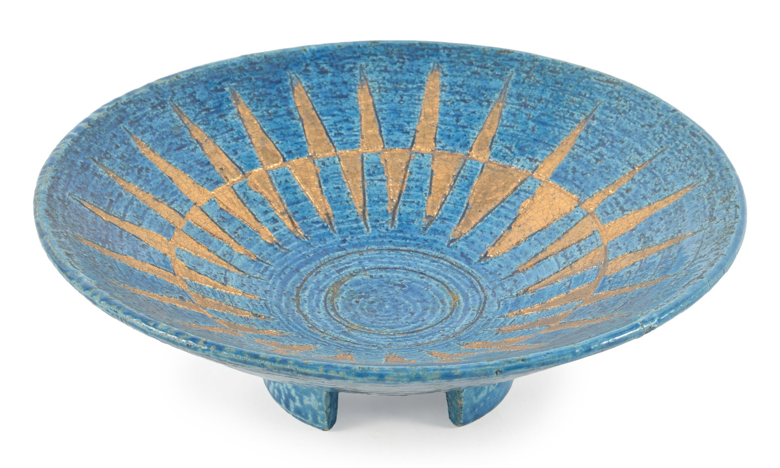 Aldo Londi for Bitossi Italian mid century modern blue and gold footed ceramic bowl. Marked 850. (1 of 5)