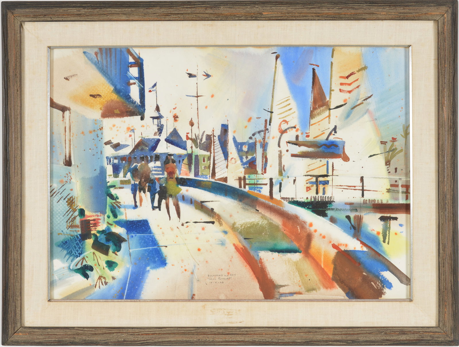 Rex Elson Brandt. California 20th Century. "Bulkhead and Bay". Figures on boardwalk with sailboats.: Rex Elson Brandt. California 20th Century. "Bulkhead and Bay". Figures on boardwalk with sailboats. Signed, title and dated lower center 10-5-68. Watercolor on paper. Framed and glazed. Some discolora