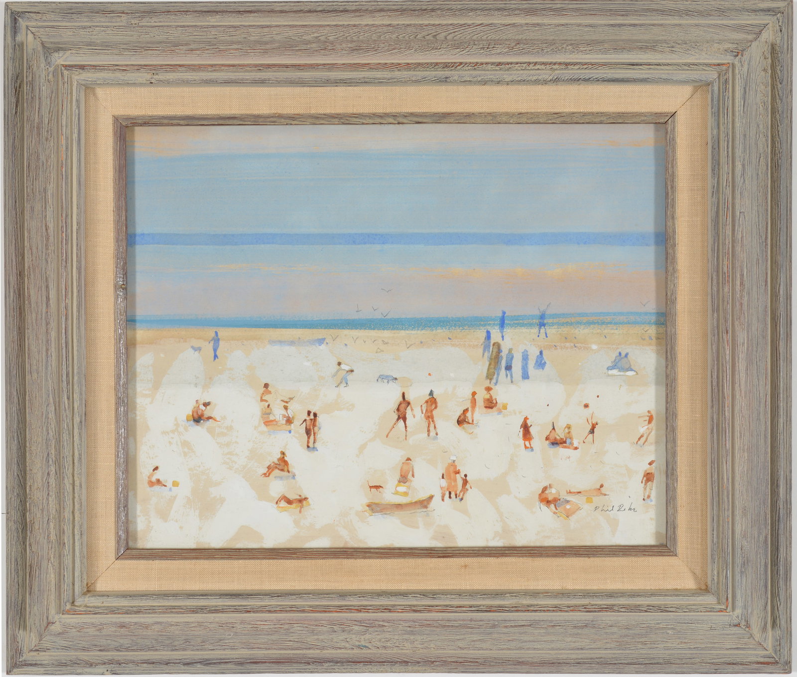 Phil Dike. California 1906-1990. "Great White Beach", beach goers on white sand beach. Mixed media: Phil Dike. California 1906-1990. "Great White Beach", beach goers on white sand beach. Mixed media on artist panel. Signed lower right. Framed and glazed. Titled on reverse. Image size 10 1/4 x 13 3/8