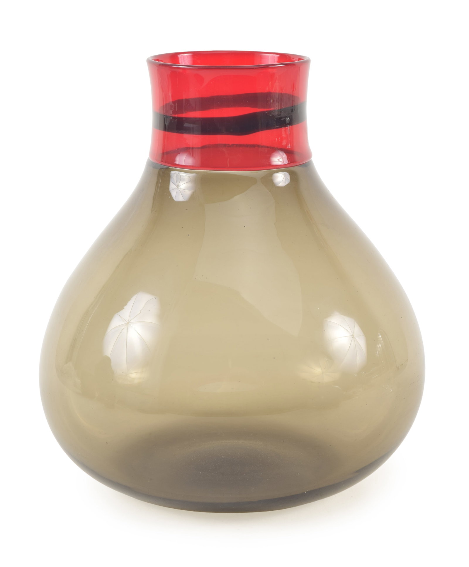 Coletti glass vase made by Venini Italia. Red and smoked glass decoration. Etched signature on base.: Coletti glass vase made by Venini Italia. Red and smoked glass decoration. Etched signature on base. 9.5in high.