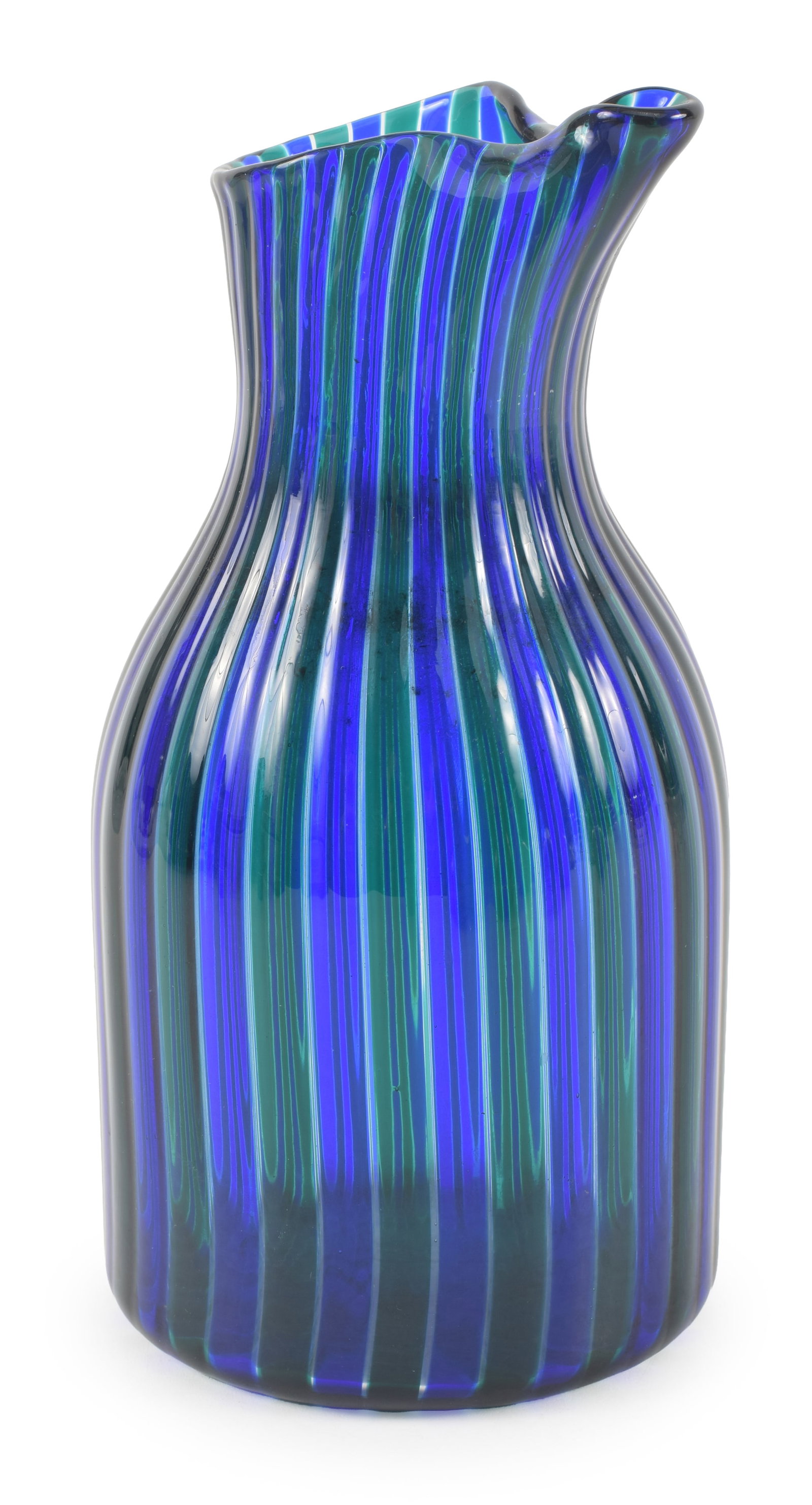 Gio Ponti canne glass pitcher made by Venini Italia. Blue, green, and cleared canne decoration.: Gio Ponti canne glass pitcher made by Venini Italia. Blue, green, and cleared canne decoration. Pinched spout. Etched signature on base. 9in high.