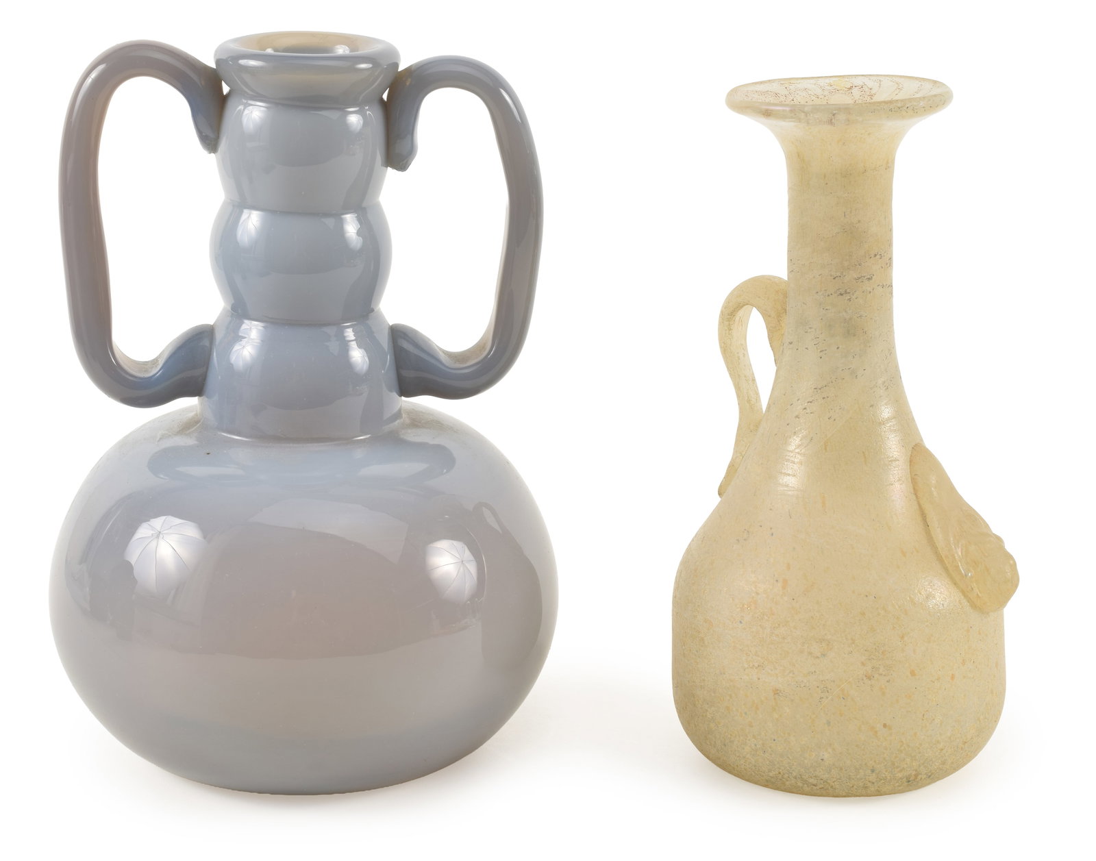 2 Murano glass vases. 1) 2-handled light blue/grey opalescent glass vase. Polished base. 9.25in: 2 Murano glass vases. 1) 2-handled light blue/grey opalescent glass vase. Polished base. 9.25in high. 2) Handled ewer with lion head mask decoration, antiquity style. Polished base. Calcified surface.