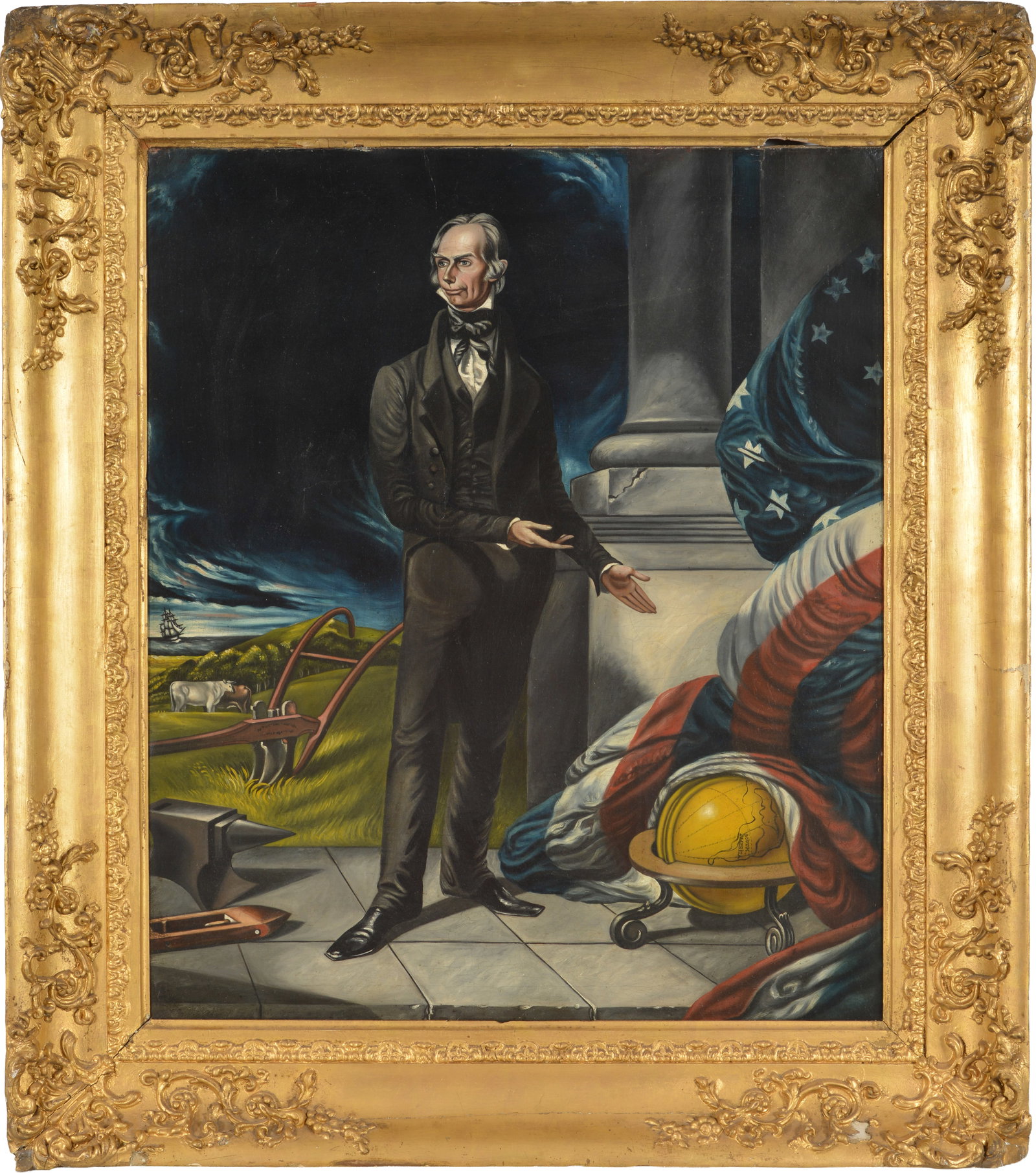Mid 19th century American folk art presidential portrait of Henry Clay standing by an American flag,: Mid 19th century American folk art presidential portrait of Henry Clay standing by an American flag, globe, and farming landscape. After the original by John Neagle. Oil on canvas. Framed. Relined. Re