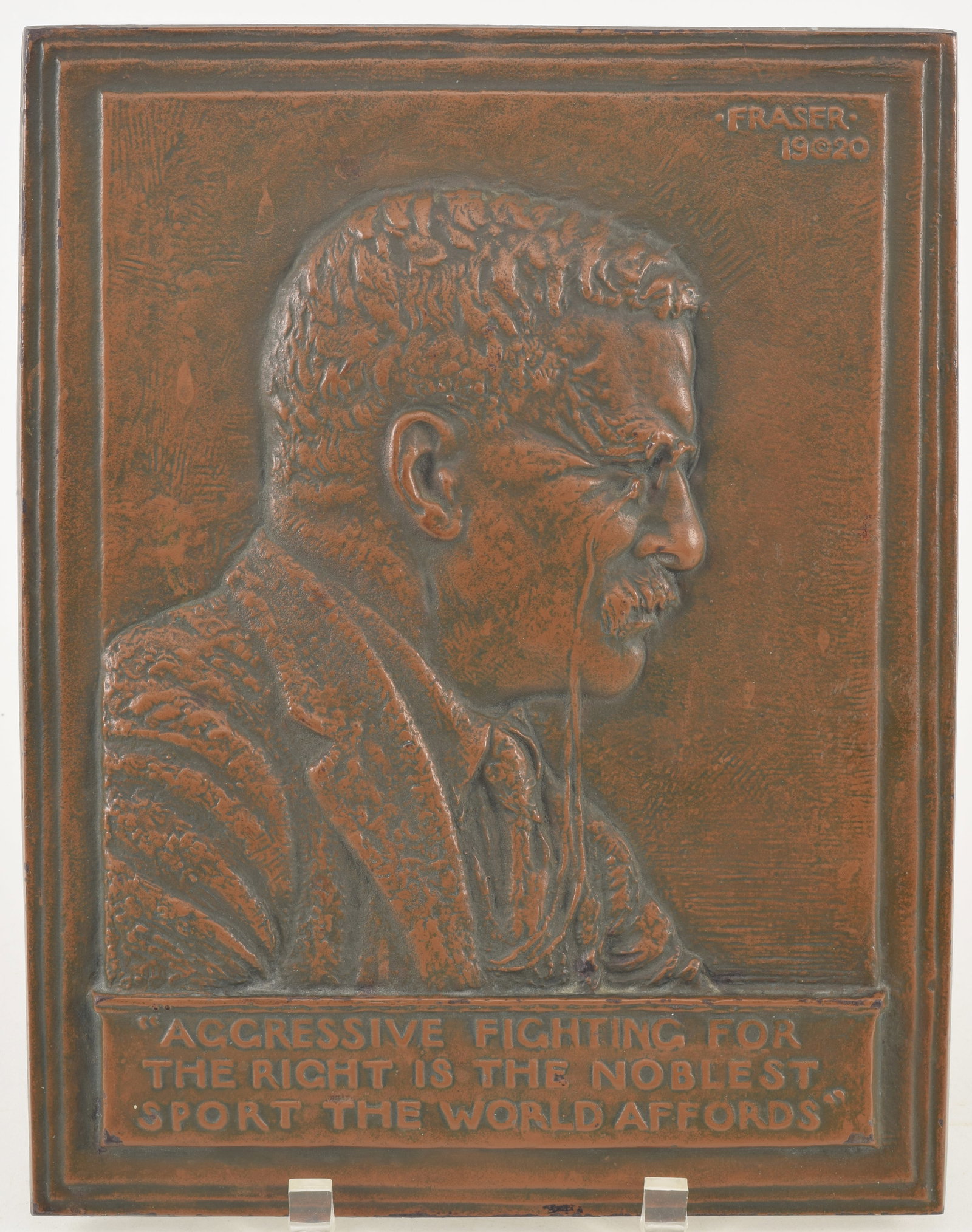 James Earle Fraser. Bronze bas-relief plaque of Teddy Roosevelt. Dated 1920. Original Decorative: James Earle Fraser. Bronze bas-relief plaque of Teddy Roosevelt. Dated 1920. Original Decorative Arts League label on reverse. 13 x 10in.