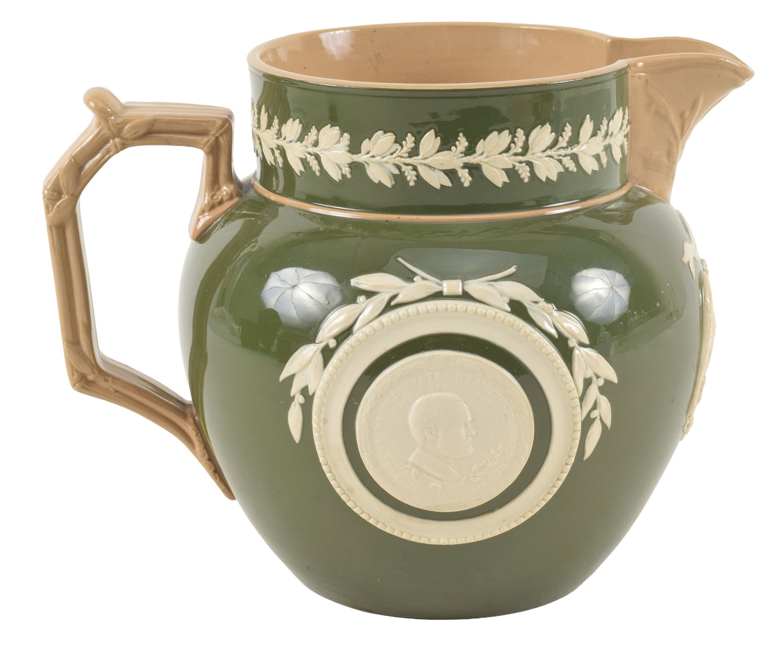 Ulysses S. Grant 1871 Indian Peace Medal pitcher by Copeland. Raised depictions of both sides of the: Ulysses S. Grant 1871 Indian Peace Medal pitcher by Copeland. Raised depictions of both sides of the medal, featuring the president's bust in profile and reverse of the medal with text, surrounded by 