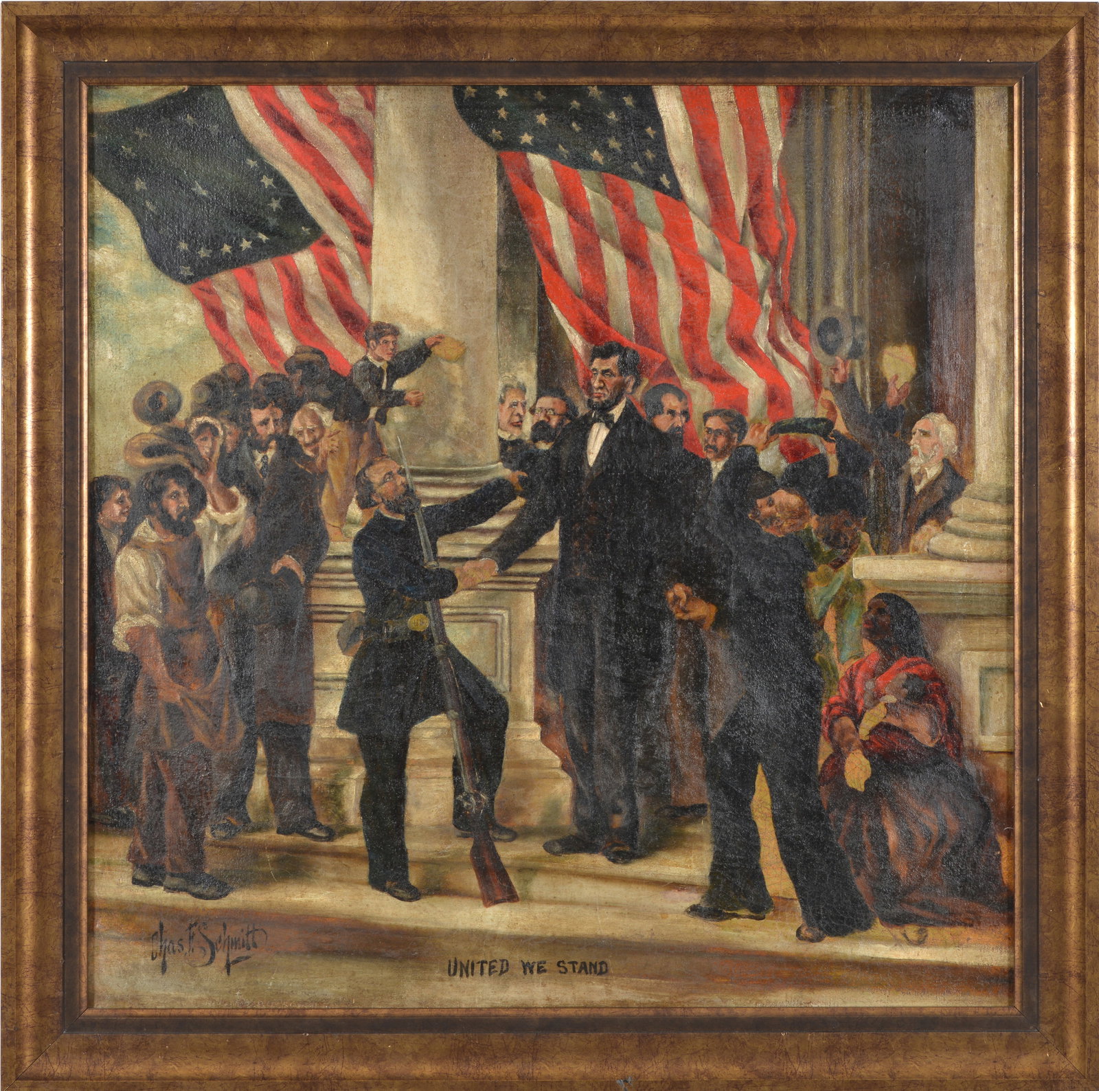 19th century American school primitive painting depicting Union troops, freed slave, and numerous (1 of 9)