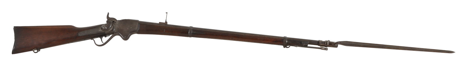 Spencer 1865/1871 conversion infantry rifle with original bayonet and 6 cartridges. A scarce 1871: Spencer 1865/1871 conversion infantry rifle with original bayonet and 6 cartridges. A scarce 1871 arsenal conversion carried out at the Springfield Armory (approx. 1,108 produced), transforming a Civi