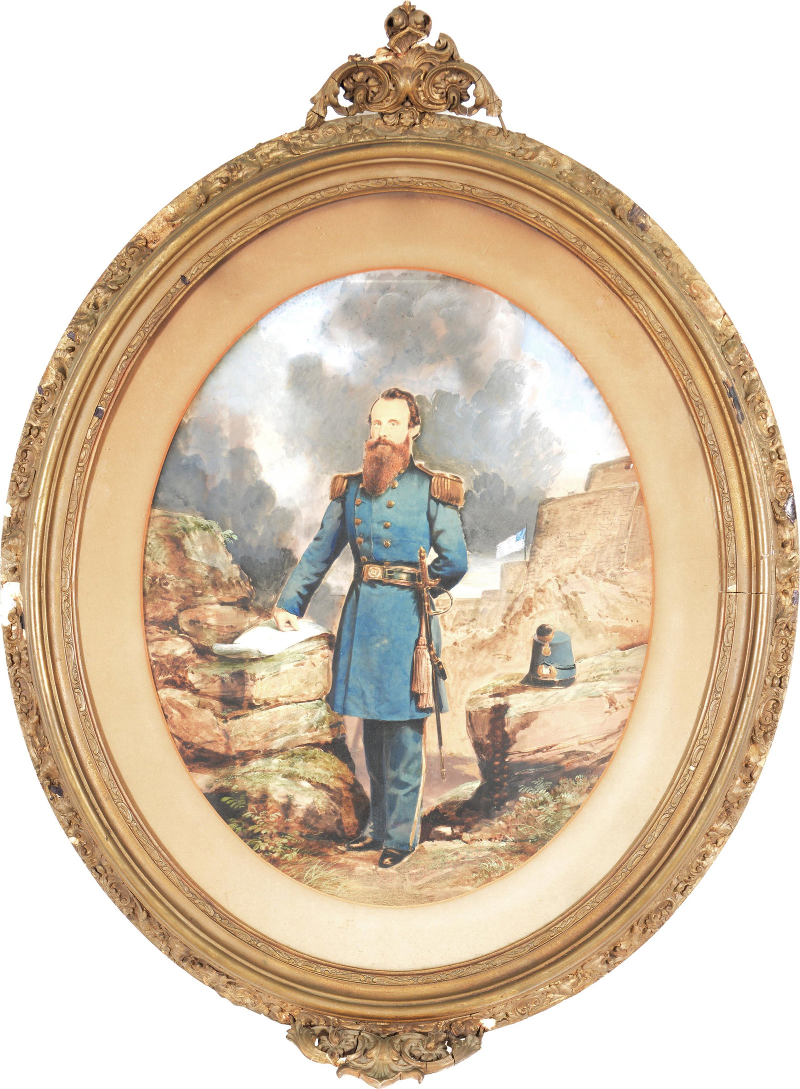 Mexican-American War period portrait of an American officer, possibly James Longstreet. Hand painted: Mexican-American War period portrait of an American officer, possibly James Longstreet. Hand painted over a print. Framed under glass. Sight: 21 x 16.5in. Overall: 34.5 x 27in. Provenance: From the Re