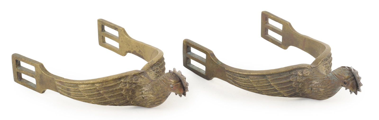 Pair of U.S. army-issued eagle form spurs, 19th century. Eagle heads holding iron star spurs with (1 of 6)