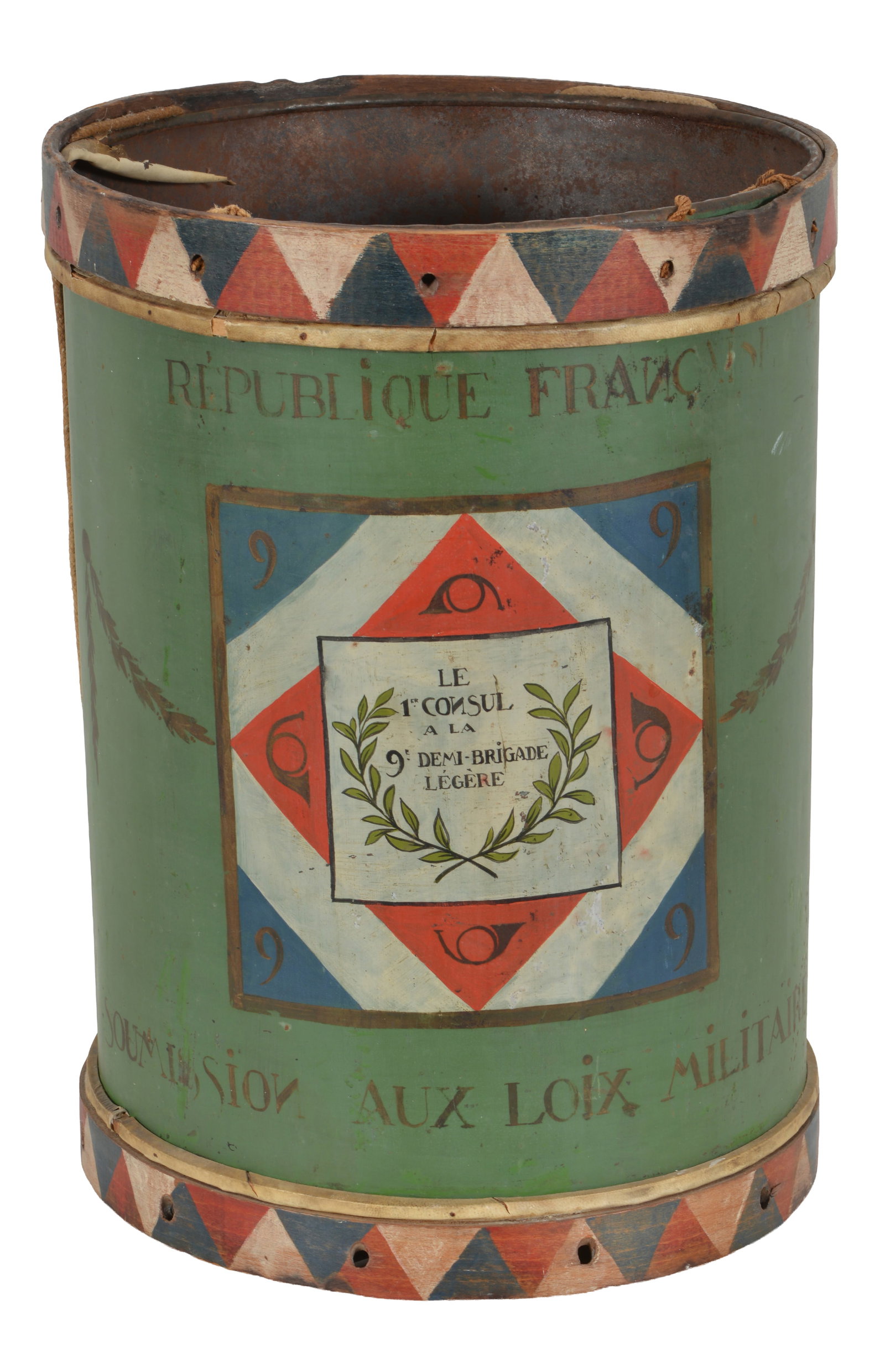 French Napoleonic Wars style regimental drum, 19th century. 9th Demi-Brigade Legere (light: French Napoleonic Wars style regimental drum, 19th century. 9th Demi-Brigade Legere (light infantry). Front side hand painted with inscription "Republique Francaise" and "Soumission Aux Loix Militaire