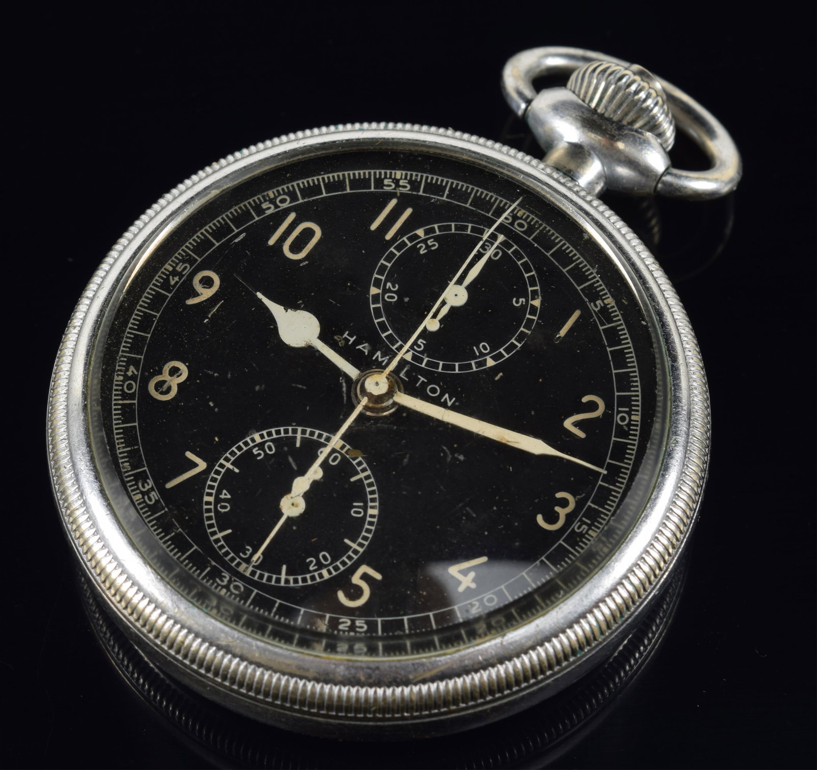 Hamilton Model 23 Military Chronograph AN 5742-1, U.S. Army Air Forces, Circa 1942-1945. Rare and: Hamilton Model 23 Military Chronograph AN 5742-1, U.S. Army Air Forces, Circa 1942-1945. Rare and highly collectible World War II U.S. military pocket chronograph manufactured by the Hamilton Watch Co