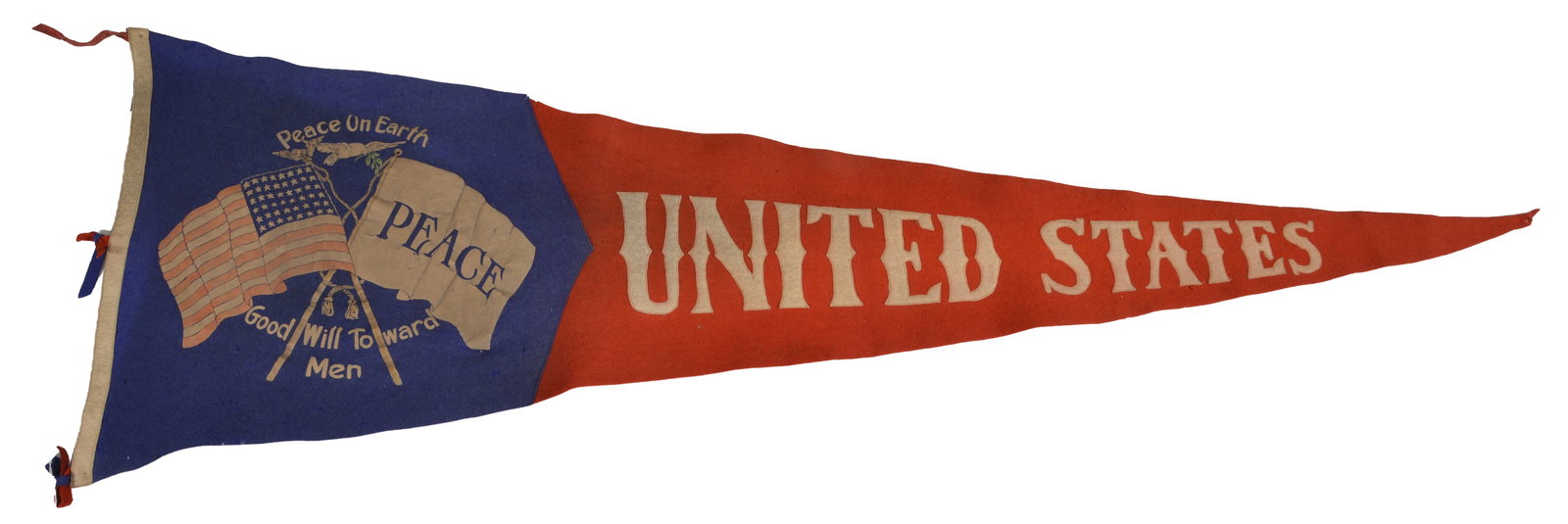 Large United States "Peace on Earth" felt pennant, early 20th century. Applied white felt letters on: Large United States "Peace on Earth" felt pennant, early 20th century. Applied white felt letters on red ground with graphic on blue ground reading "Peace on Earth / Good Will Toward Men" with an Amer