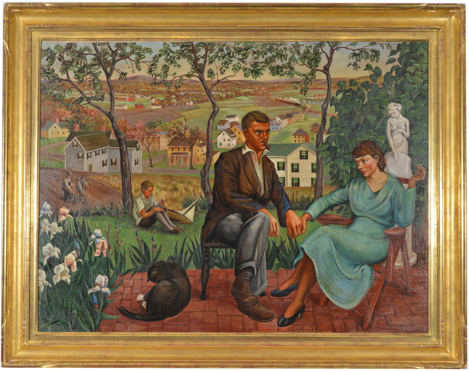 Molly Luce. New England and New York 1896-1986. Regionalist landscape with figures seated before a: Molly Luce. New England and New York 1896-1986. Regionalist landscape with figures seated before a detailed landscape. Titled "March of Time". Oil on canvas. Vose gallery label. Framed. Image size 36 