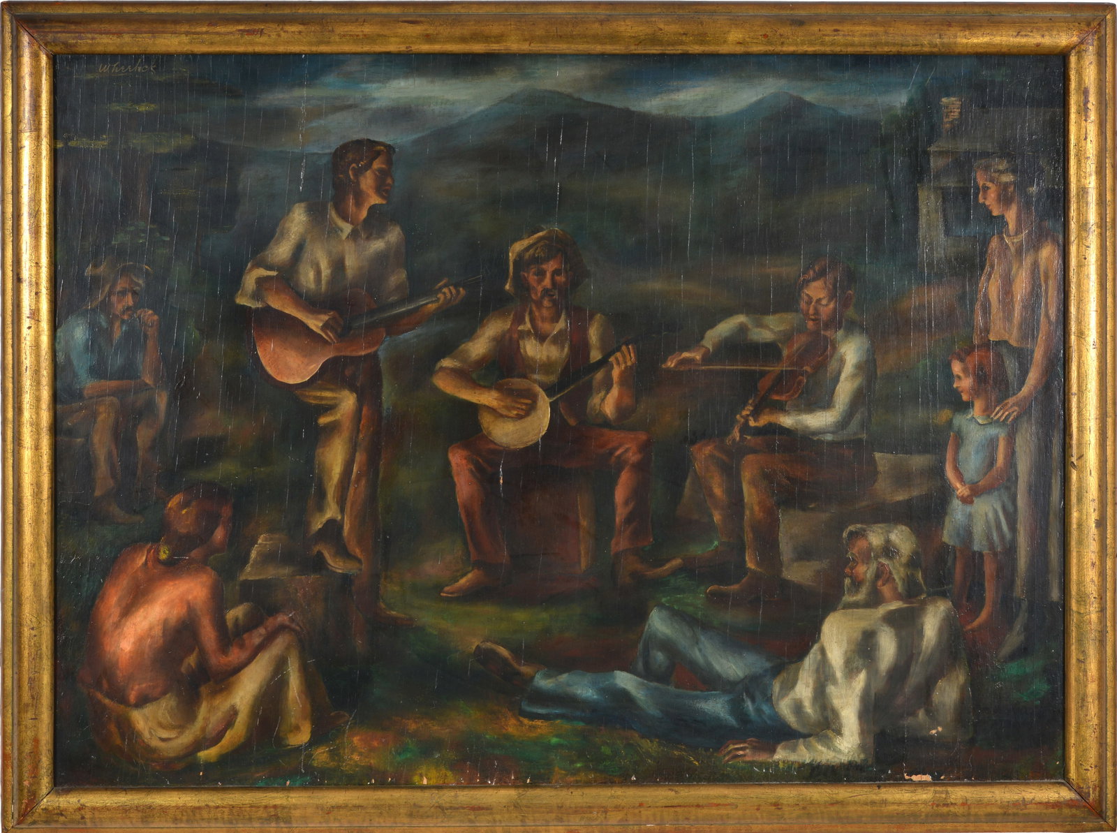 Warren Frank Wheelock. American 1880-1960. Regionalist campfire scene titled "Music Makers". Oil on: Warren Frank Wheelock. American 1880-1960. Regionalist campfire scene titled "Music Makers". Oil on wood panel. Signed upper left and signed and titled on reverse. Several museum exhibit labels, inclu