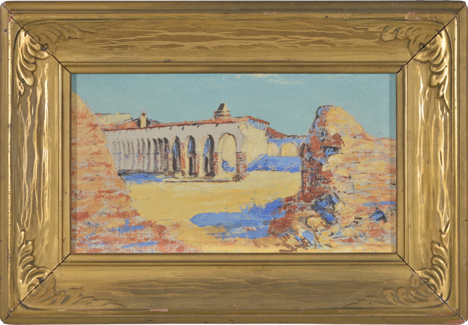 Early 20th century California impressionist mission landscape in original arts & crafts frame. Oil: Early 20th century California impressionist mission landscape in original arts & crafts frame. Oil on board. Illegibly signed lower right center. Los Angeles label on reverse along with several inscri