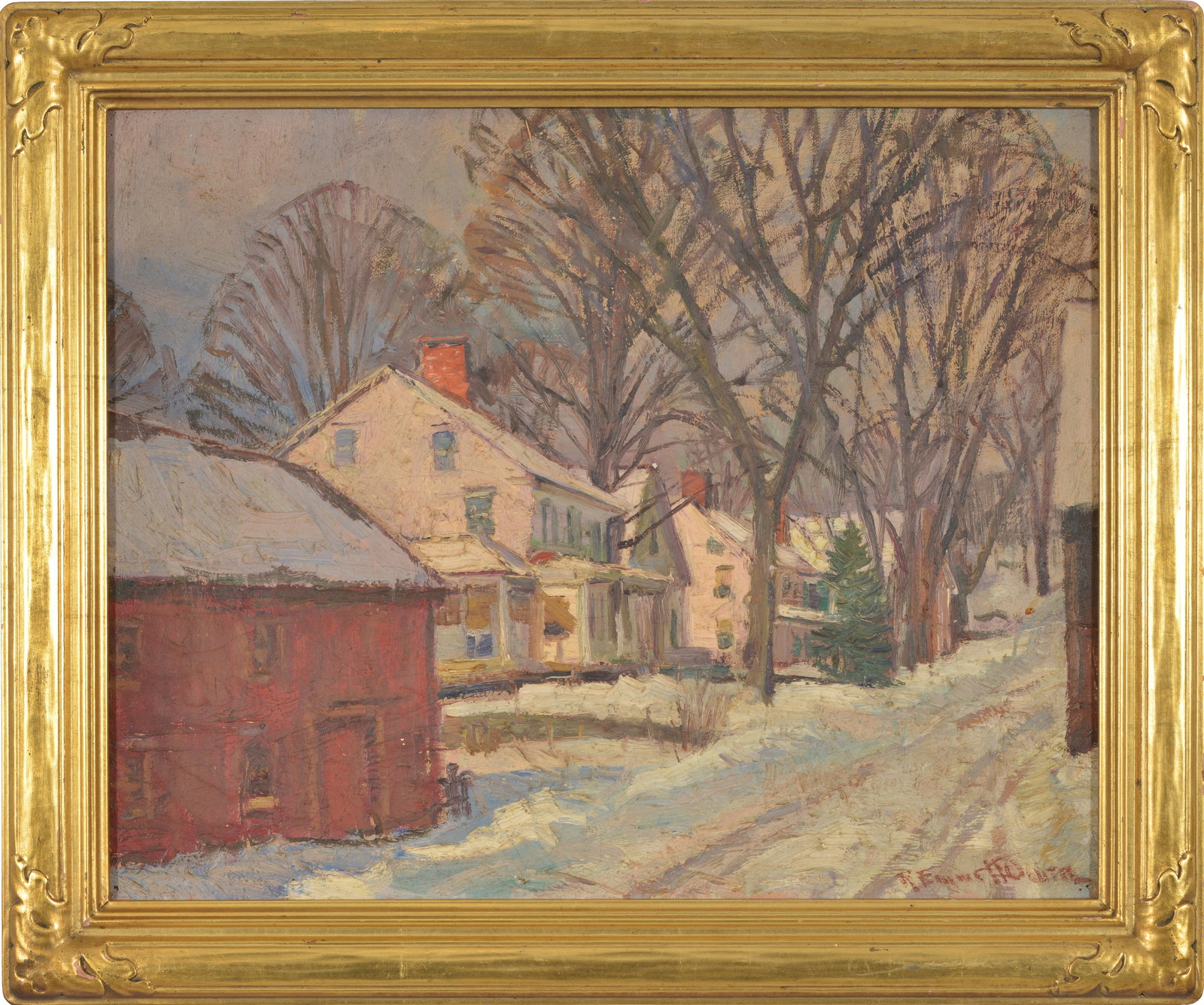 Robert Emmett Owen. Early winter impressionist street scene with houses. Oil on canvas. Signed lower: Robert Emmett Owen. Early winter impressionist street scene with houses. Oil on canvas. Signed lower right. Vintage gilt arts & crafts frame. Sight: 16 x 20in. Overall: 19.25 x 23.25in.