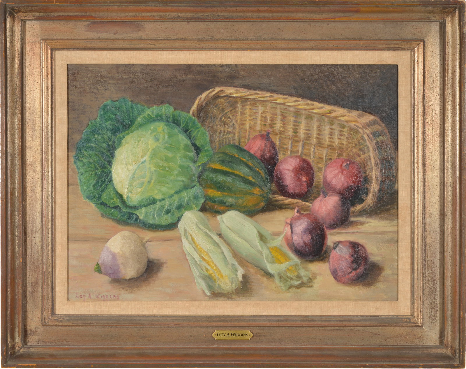 Guy Arthur Wiggins. "Still Life with Bermuda Onions". Oil on canvas. Signed lower left. Signed and: Guy Arthur Wiggins. "Still Life with Bermuda Onions". Oil on canvas. Signed lower left. Signed and titled on reverse. Framed. Sight: 16 x 22in. Overall: 23.5 x 29.5in.
