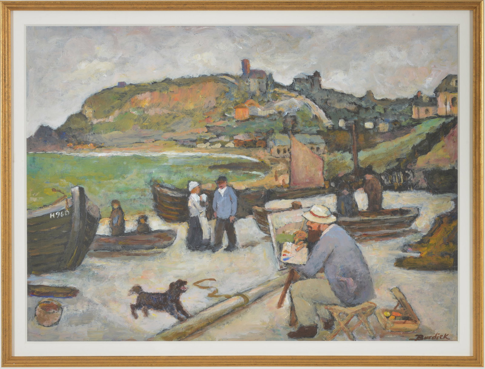 Charles Edward Burdick. Rhode Island. Coastal fishing village with figures, dog and painter in: Charles Edward Burdick. Rhode Island. Coastal fishing village with figures, dog and painter in foreground. Oil on panel. Signed lower right. Nicely framed. Sight size 10 3/4 x 15 in. Overall size 20 x
