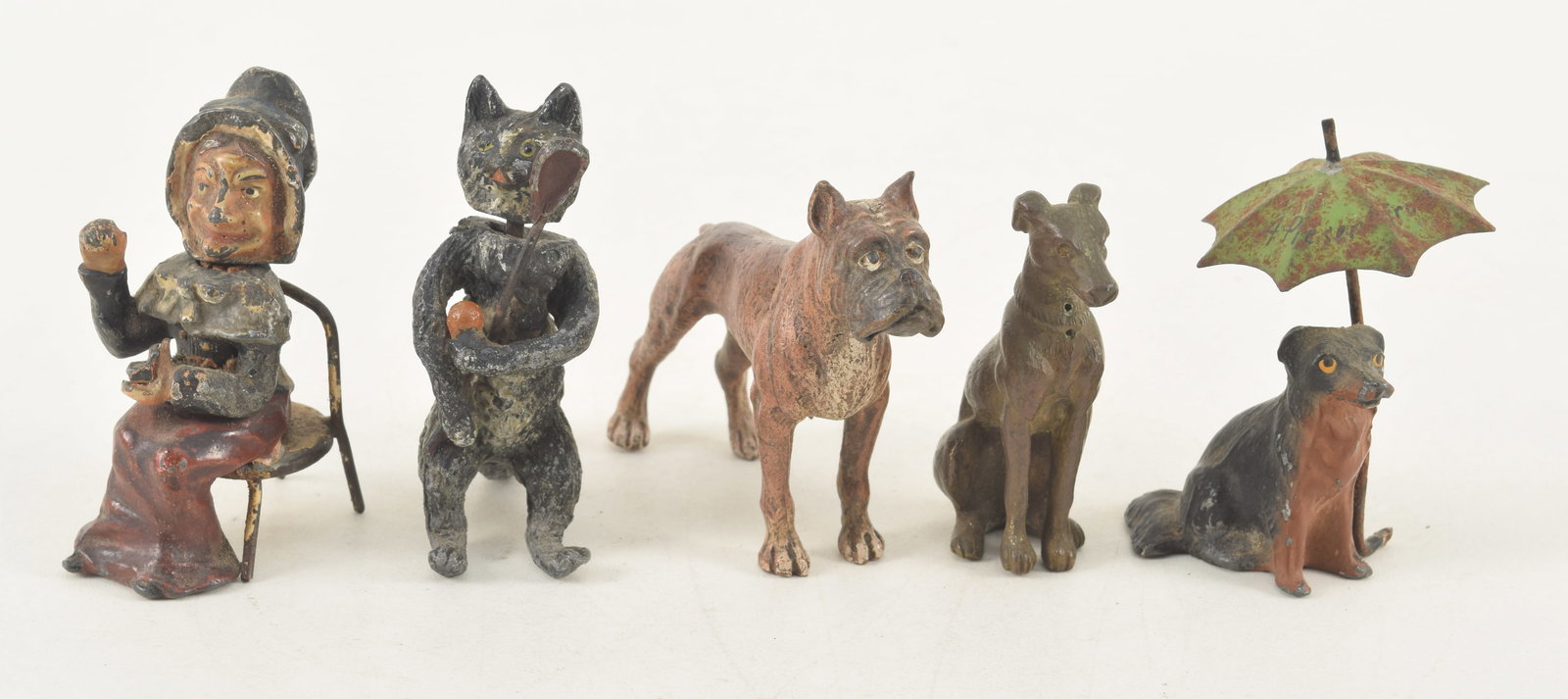 5 Painted miniature figures including a cold painted bronze Boxer dog, two spelter nodders in the (1 of 5)