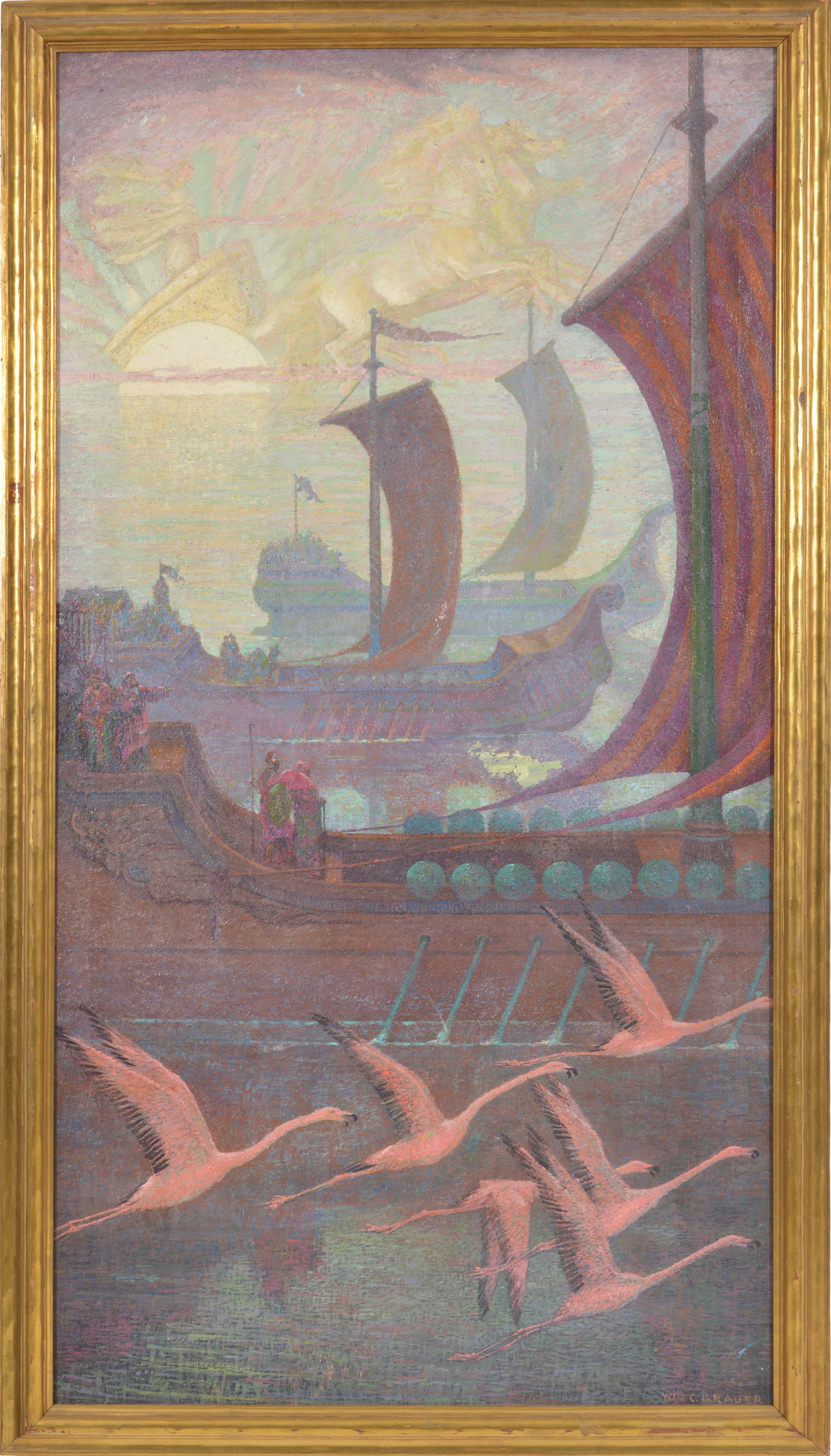William C. Grauer, Pennsylvania 20th Century. Classical illustration of Trireme warships at dawn and: William C. Grauer, Pennsylvania 20th Century. Classical illustration of Trireme warships at dawn and the deity Aurora or Eos rising with the sun from the sea. Oil on canvas. Signed lower right. Framed