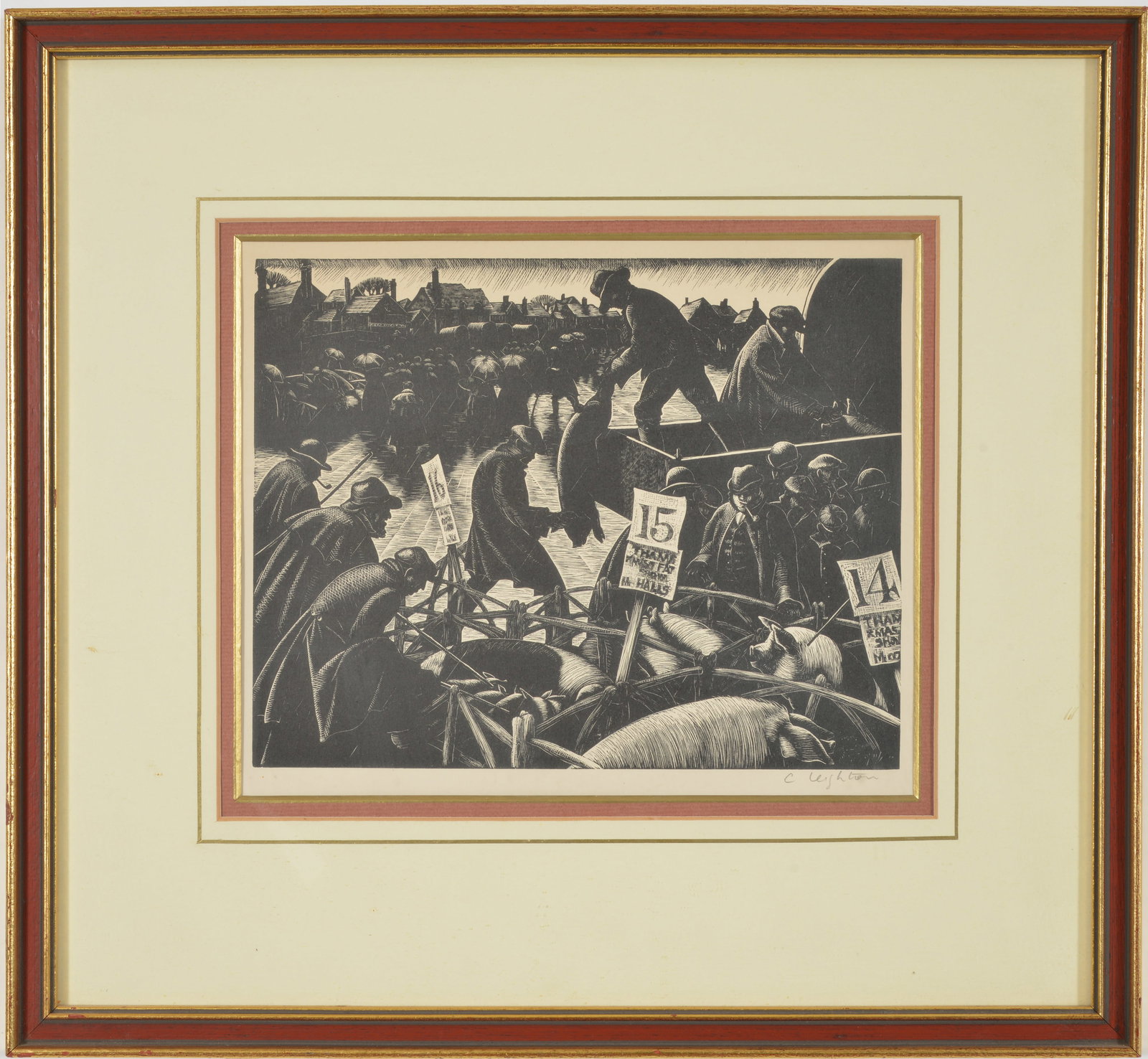 Clare Leighton. "The Fat Stock Market: December" from The Farmer's Year, 1933, published edition of: Clare Leighton. "The Fat Stock Market: December" from The Farmer's Year, 1933, published edition of 60 (BPL, 217). Signed in pencil lower right. Wood engraving on paper. Framed and glazed. Image size 